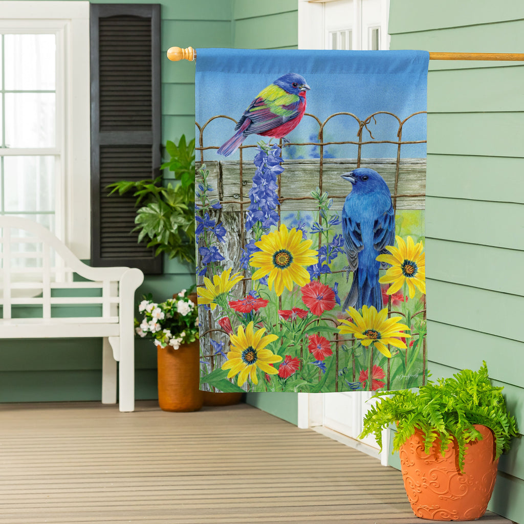 Colorful Songbird Fence Suede House Flag