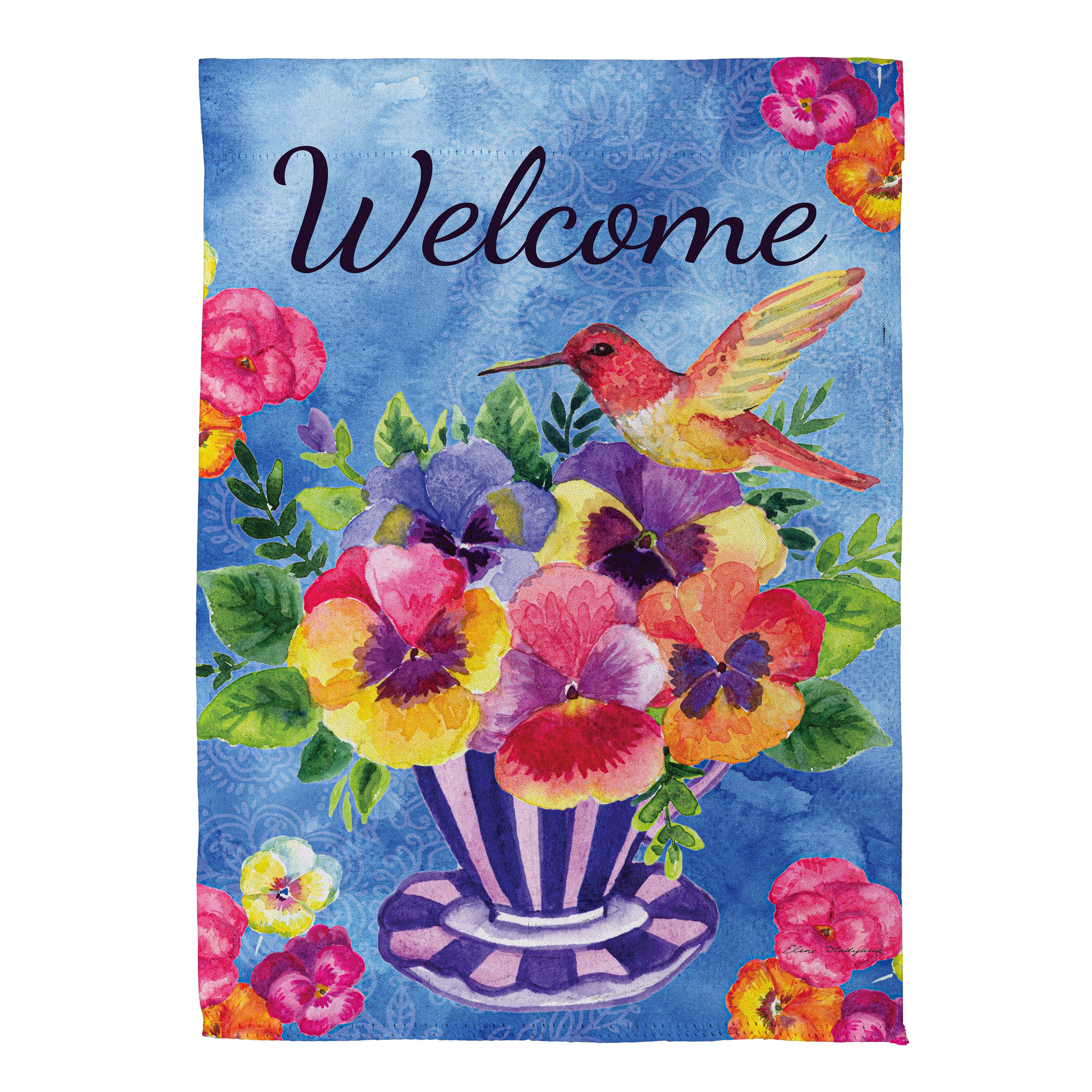 Pansies & Hummingbird Tea Cup Suede Garden Flag