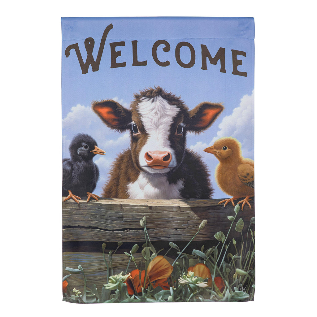 Hillside Pasture Cow and Chicks Suede House Flag