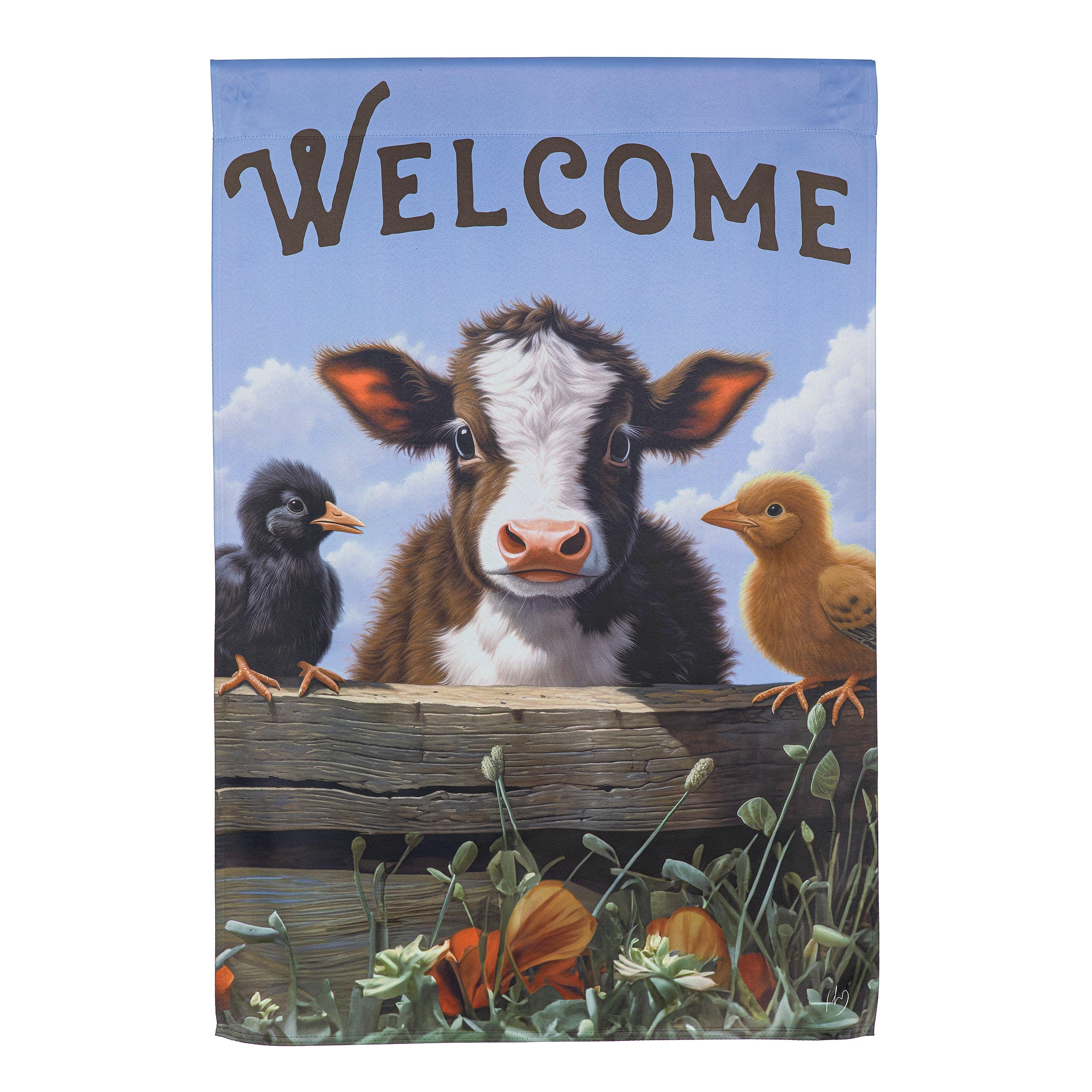 Hillside Pasture Cow and Chicks Suede House Flag
