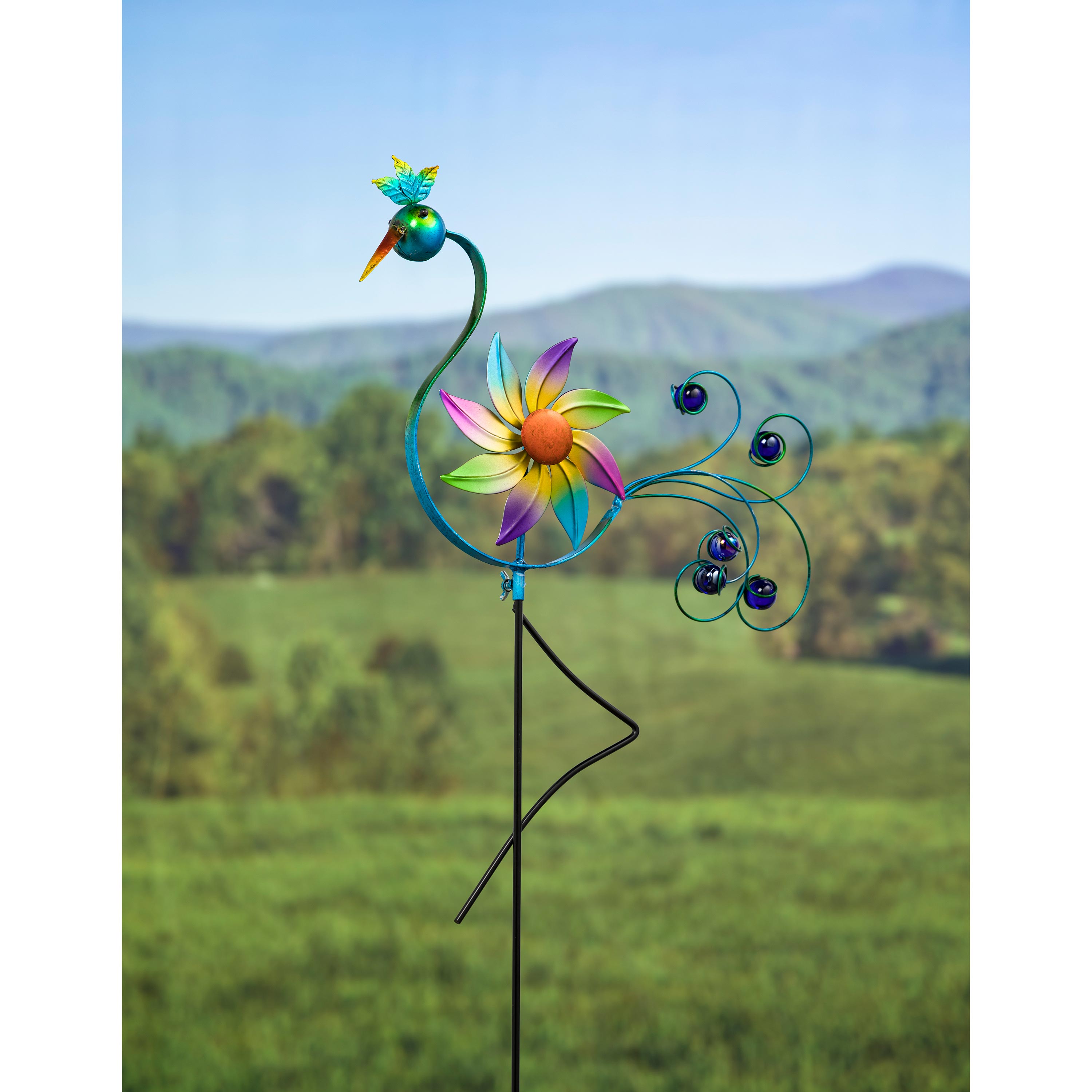 Cheerful Summer Days Windspinner Garden Stake, Green/yellow/pink Bird, Short
