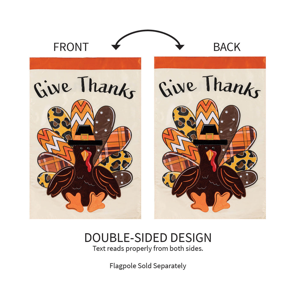 Give Thanks Patterned Turkey Applique House Flag