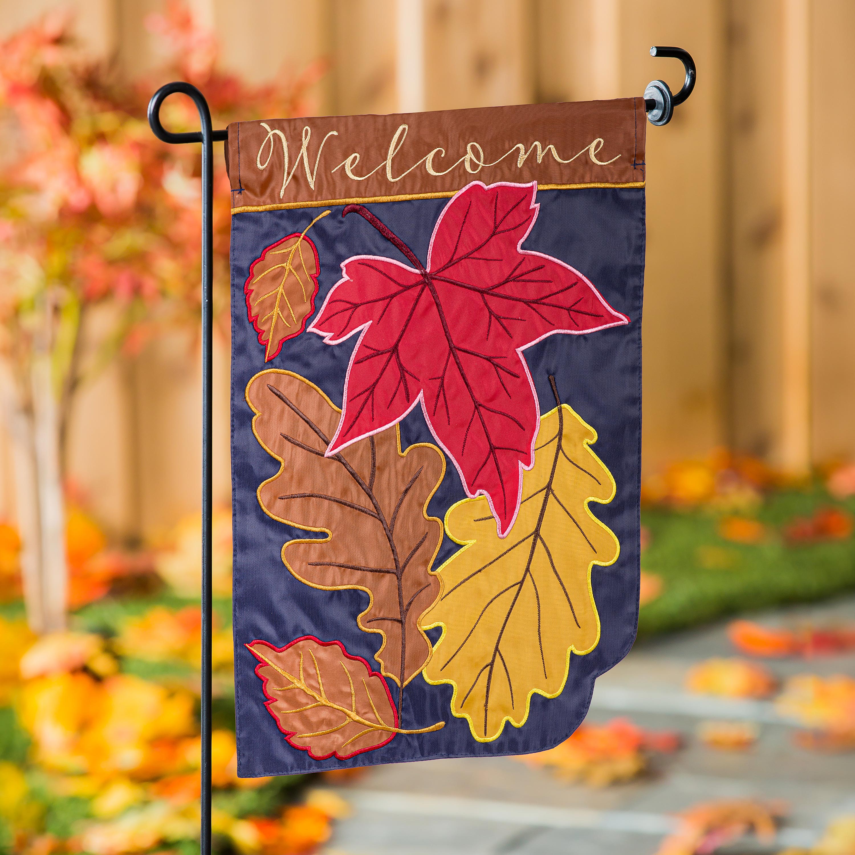 Fall Leaves On Navy Applique Garden Flag