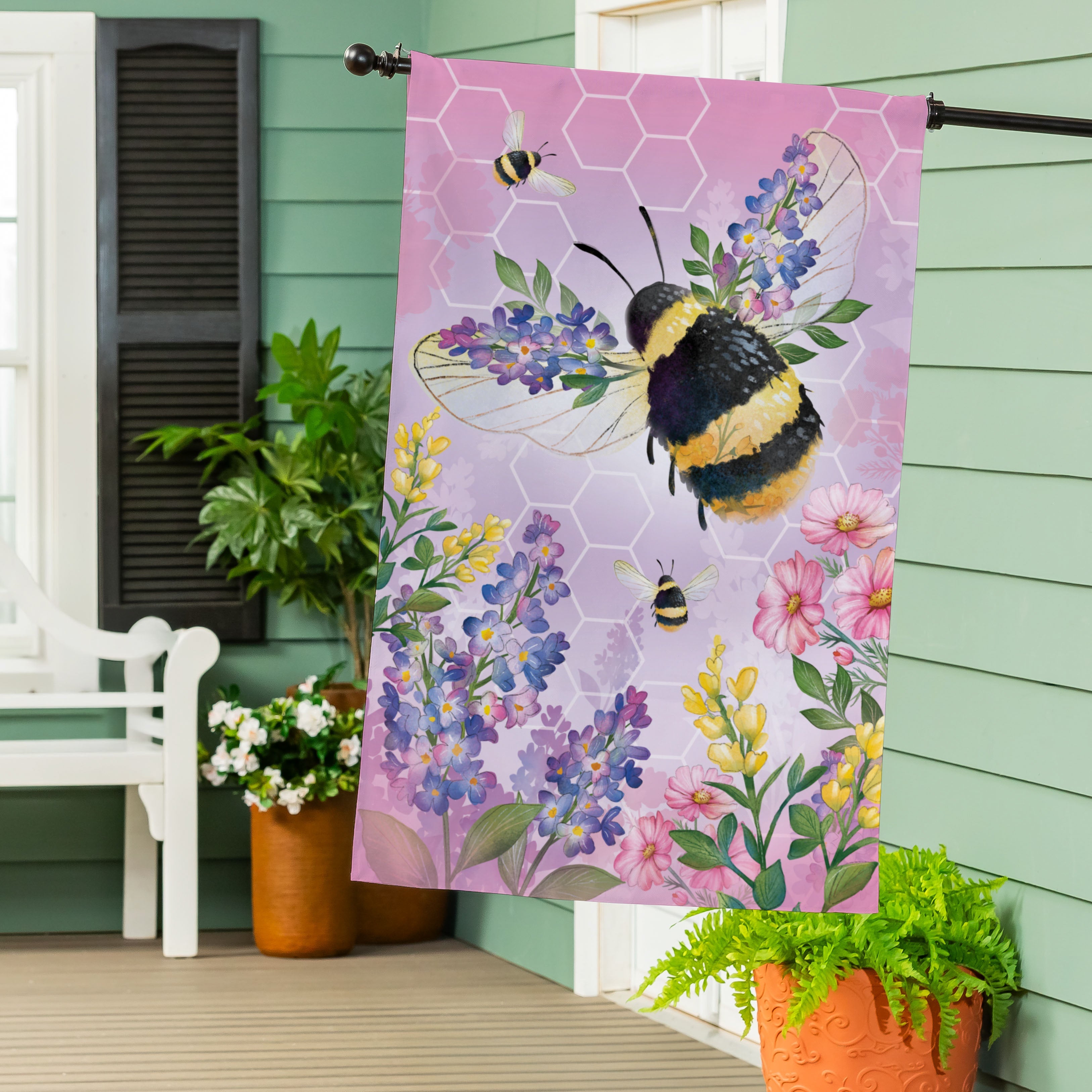 Cottage Garden Pink Florals Bee Burlap House Flag