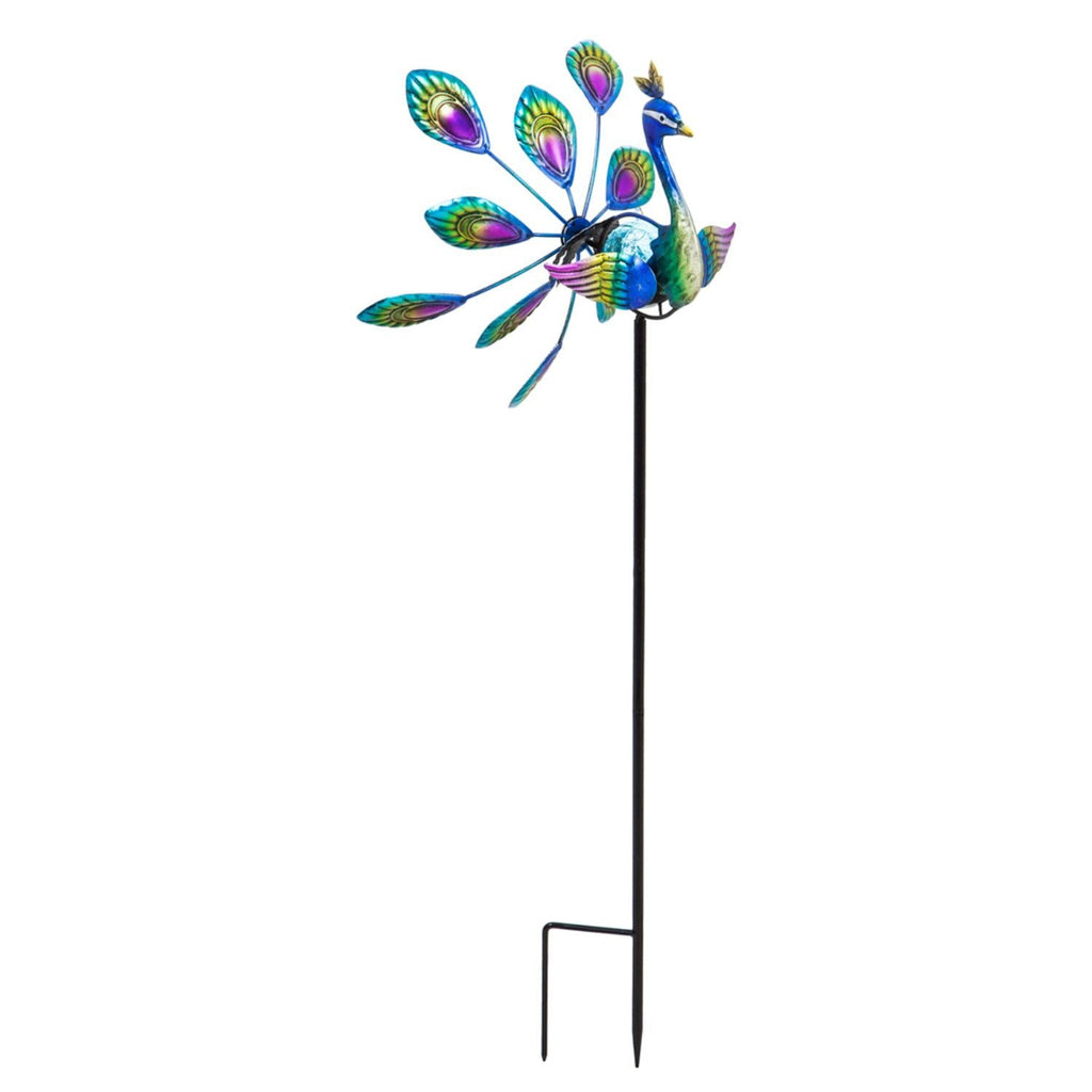 Tropical Oasis Wind Spinner, Solar Staked Peacock Staked Wind Spinner, 37"H