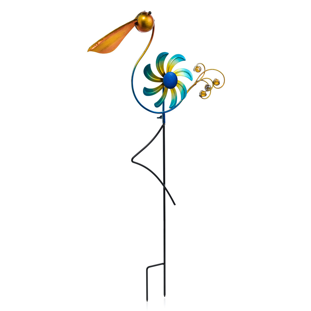 Cheerful Summer Days Windspinner Garden Stake, Yellow/blue Bird, Short