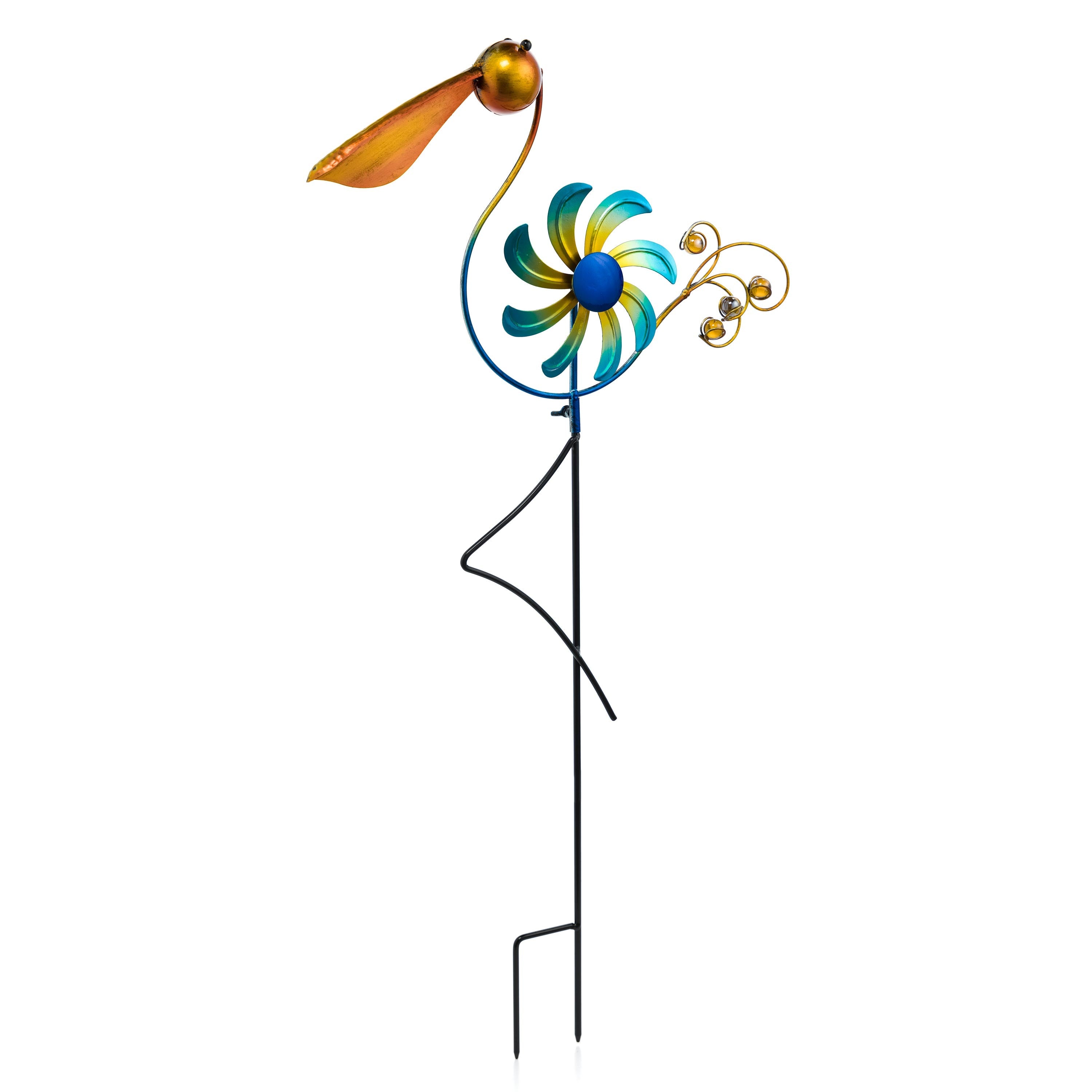 Cheerful Summer Days Windspinner Garden Stake, Yellow/blue Bird, Short