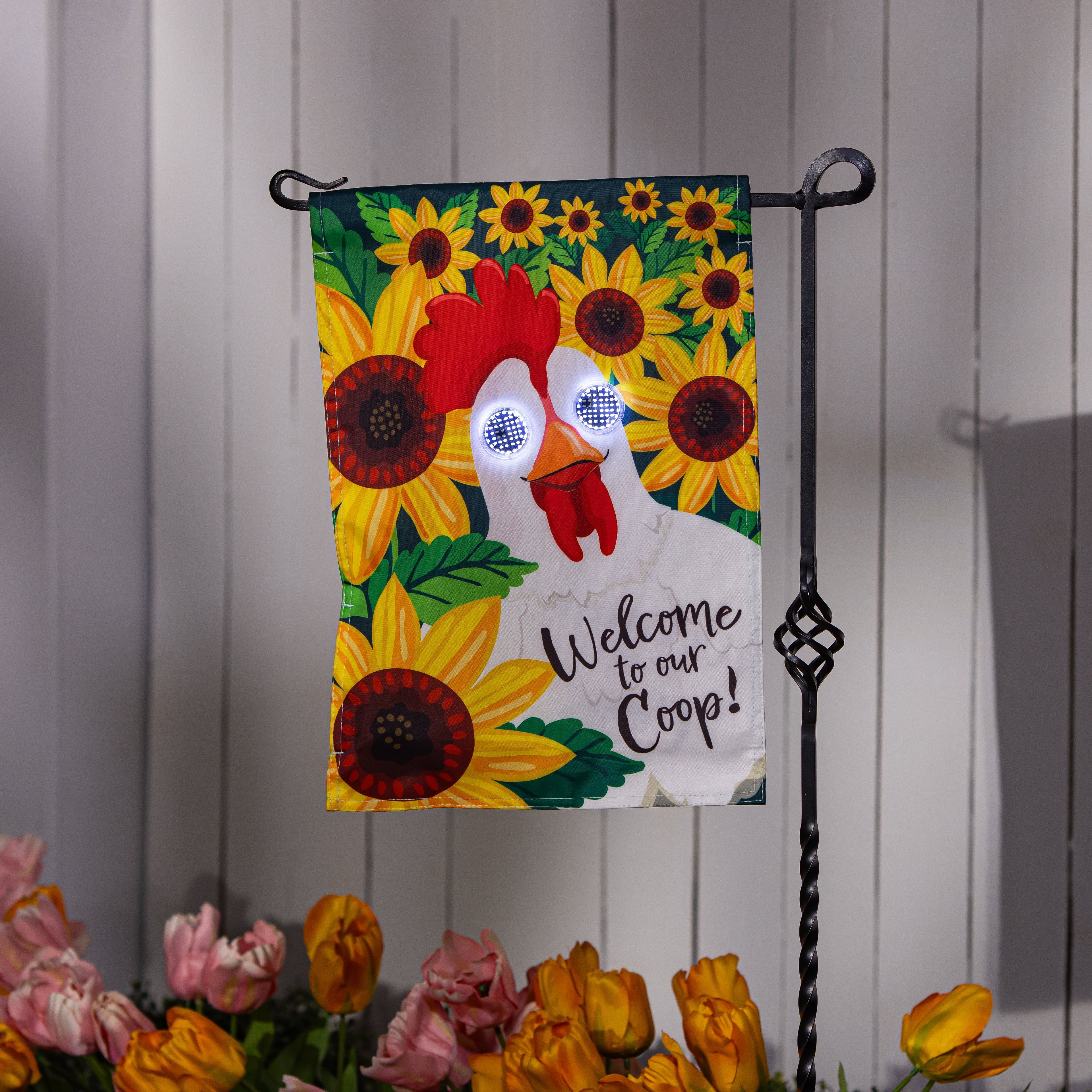 Animated Welcome To Our Coop Applique Lighted Garden Flag