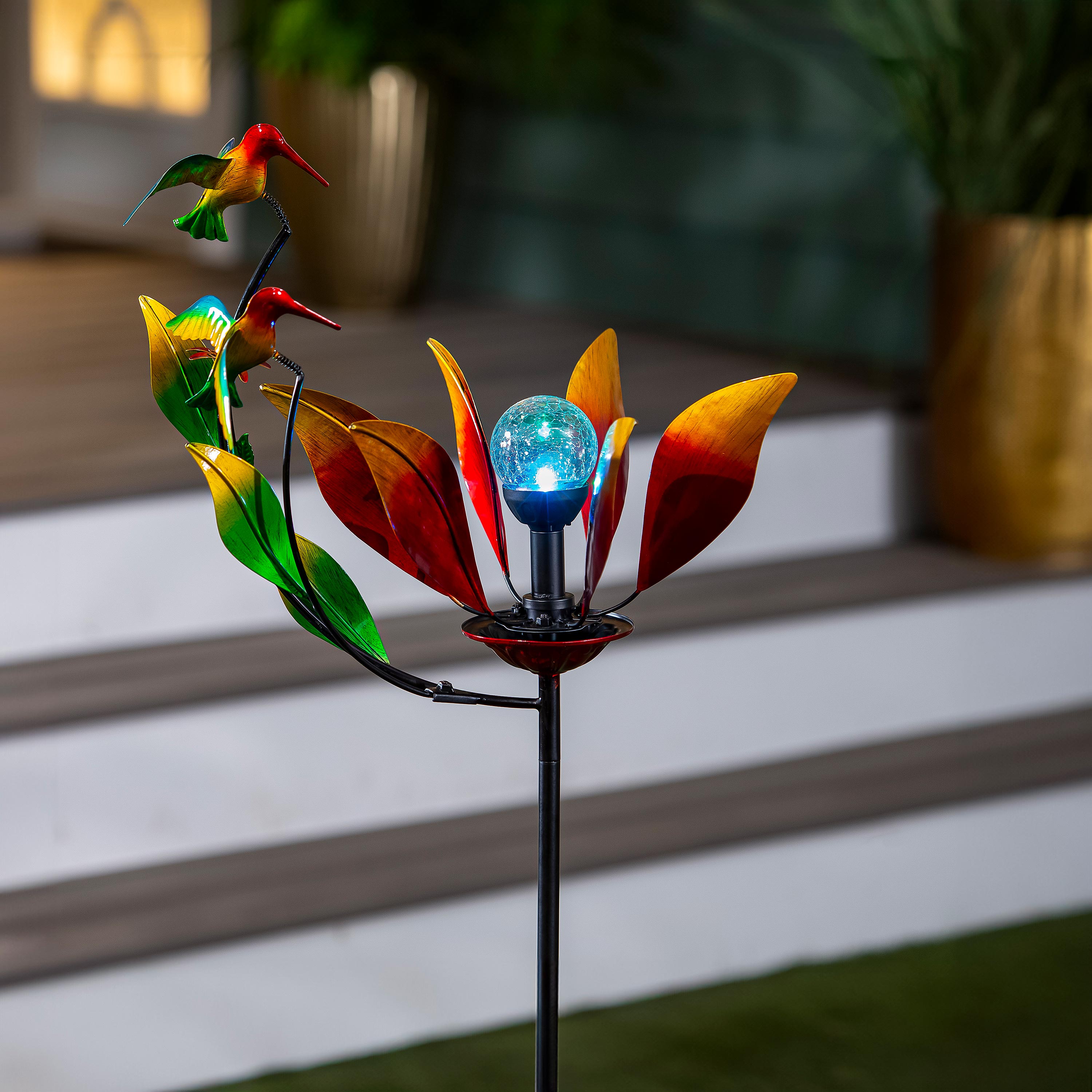 Solar Metal Wind Spinner, Red Hummingbird & Flower, 52"H