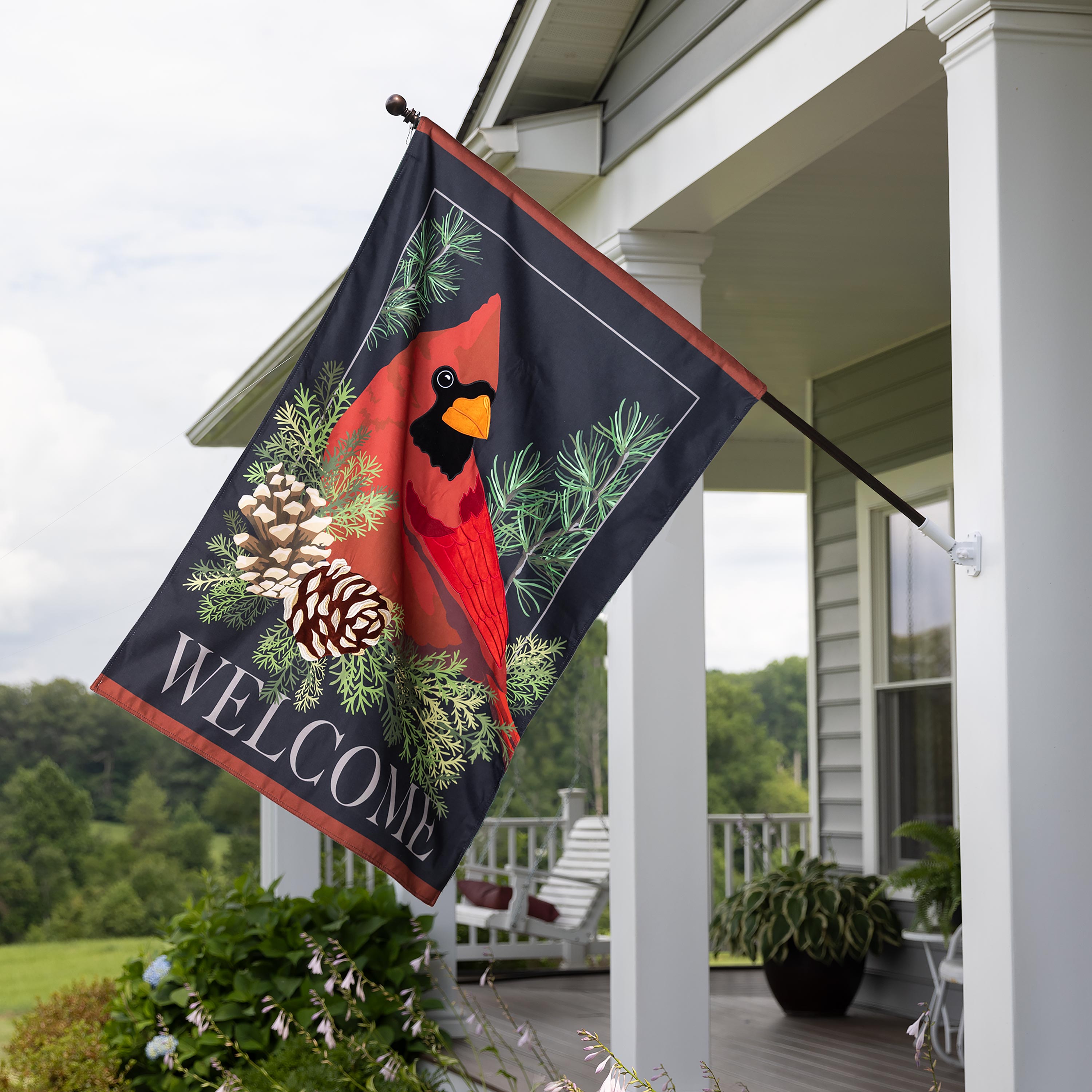 Cardinal and EvergreenEstate Size Embellished Burlap Flag