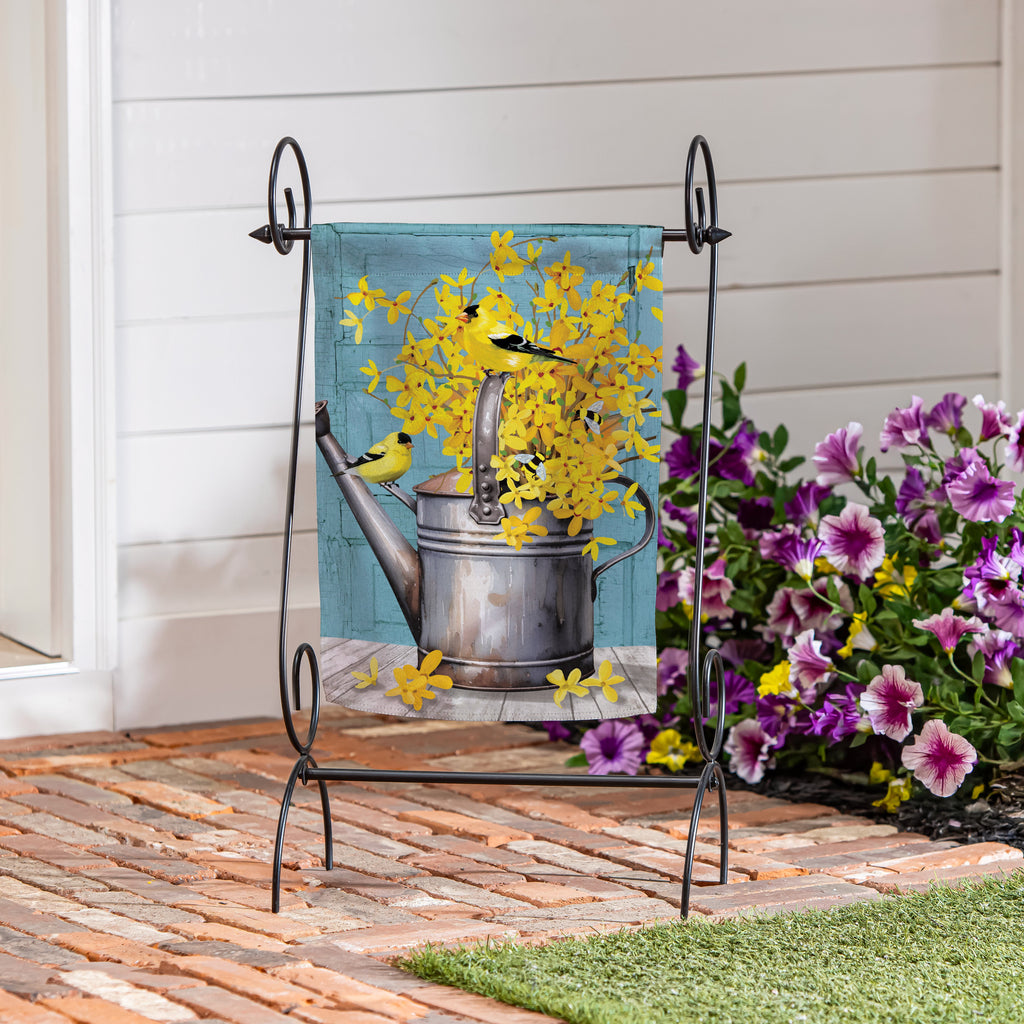 Forsythia Finch Watering Can Suede Garden Flag