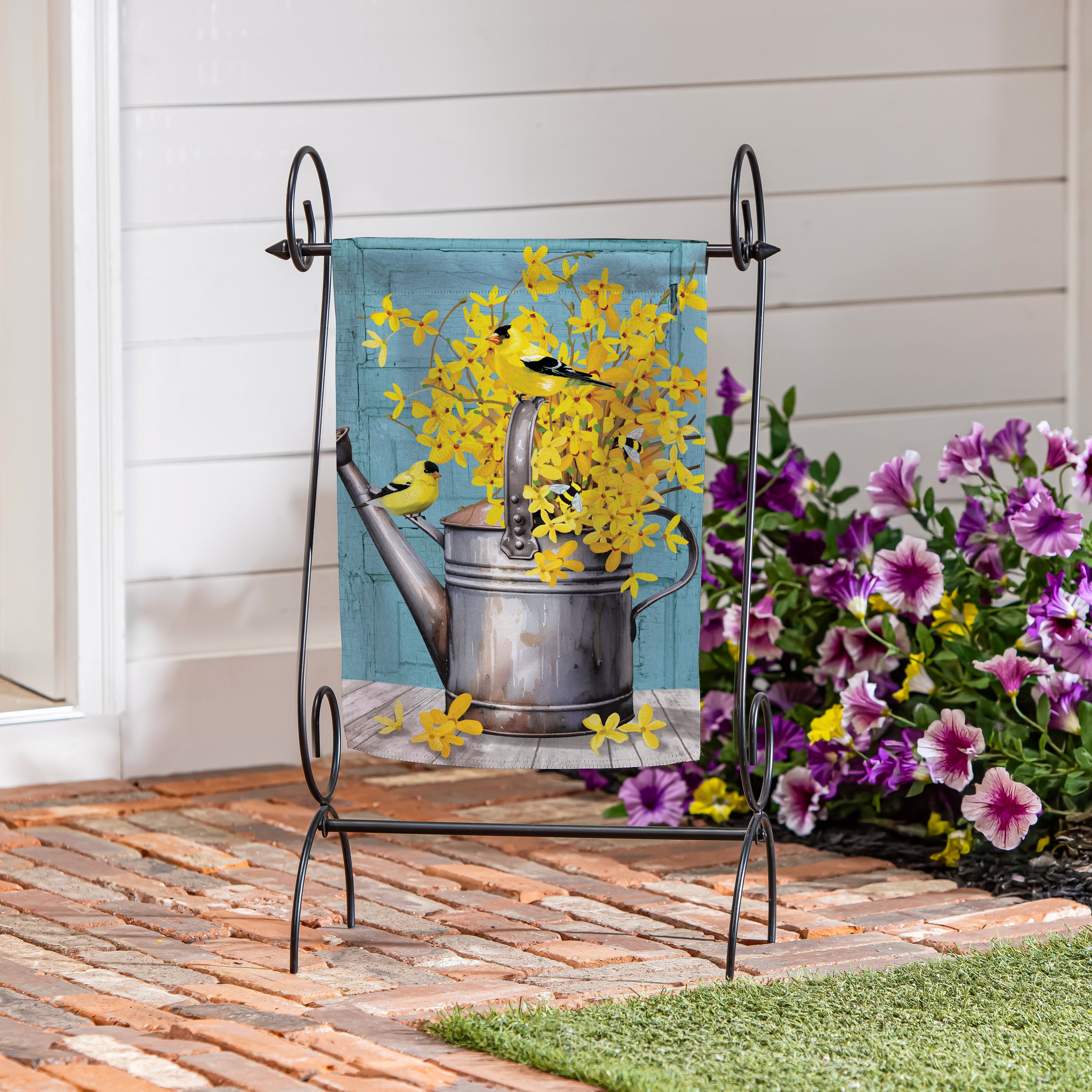 Forsythia Finch Watering Can Suede Garden Flag