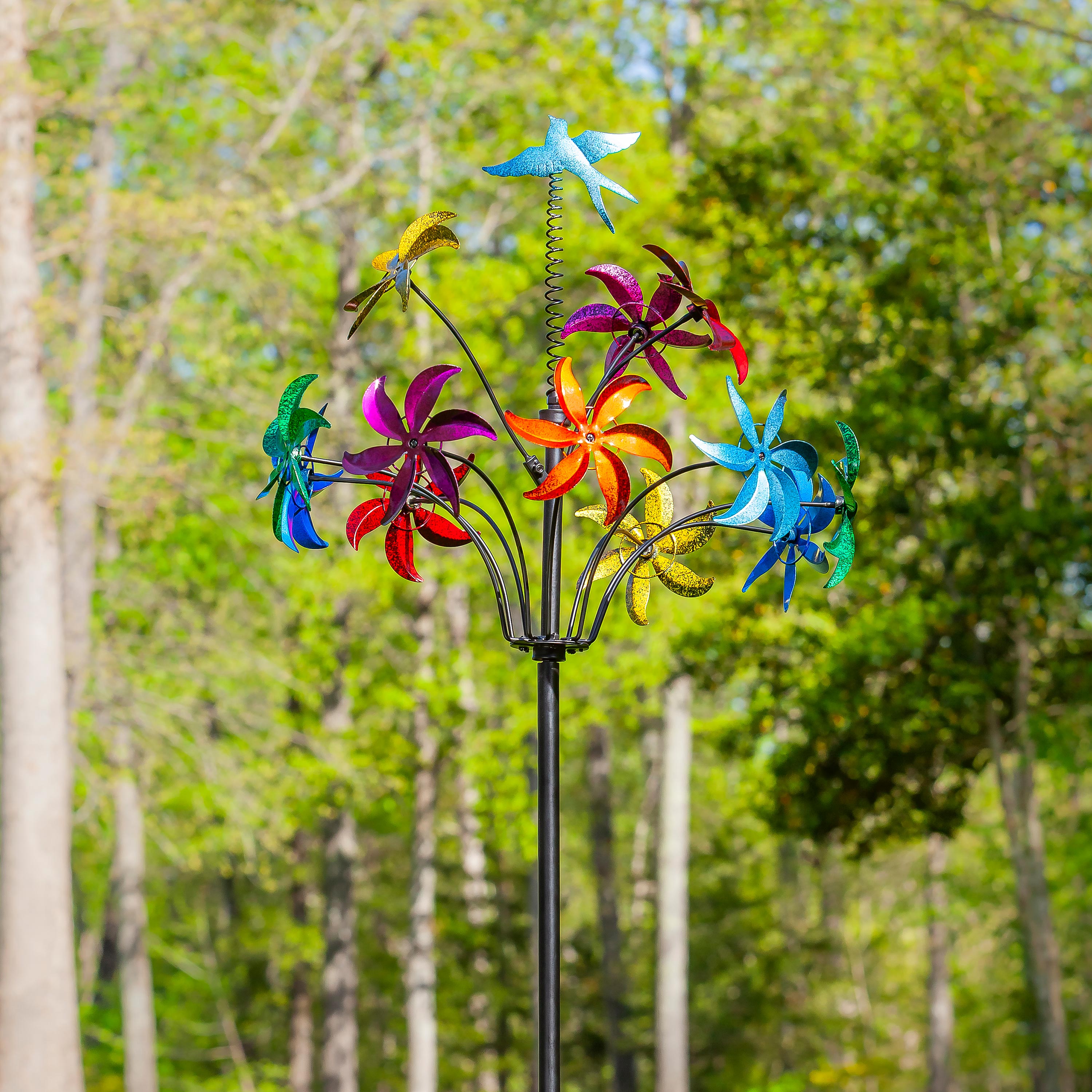 Metal Wind Spinner, Twirling Colorful Flowers, 91"H