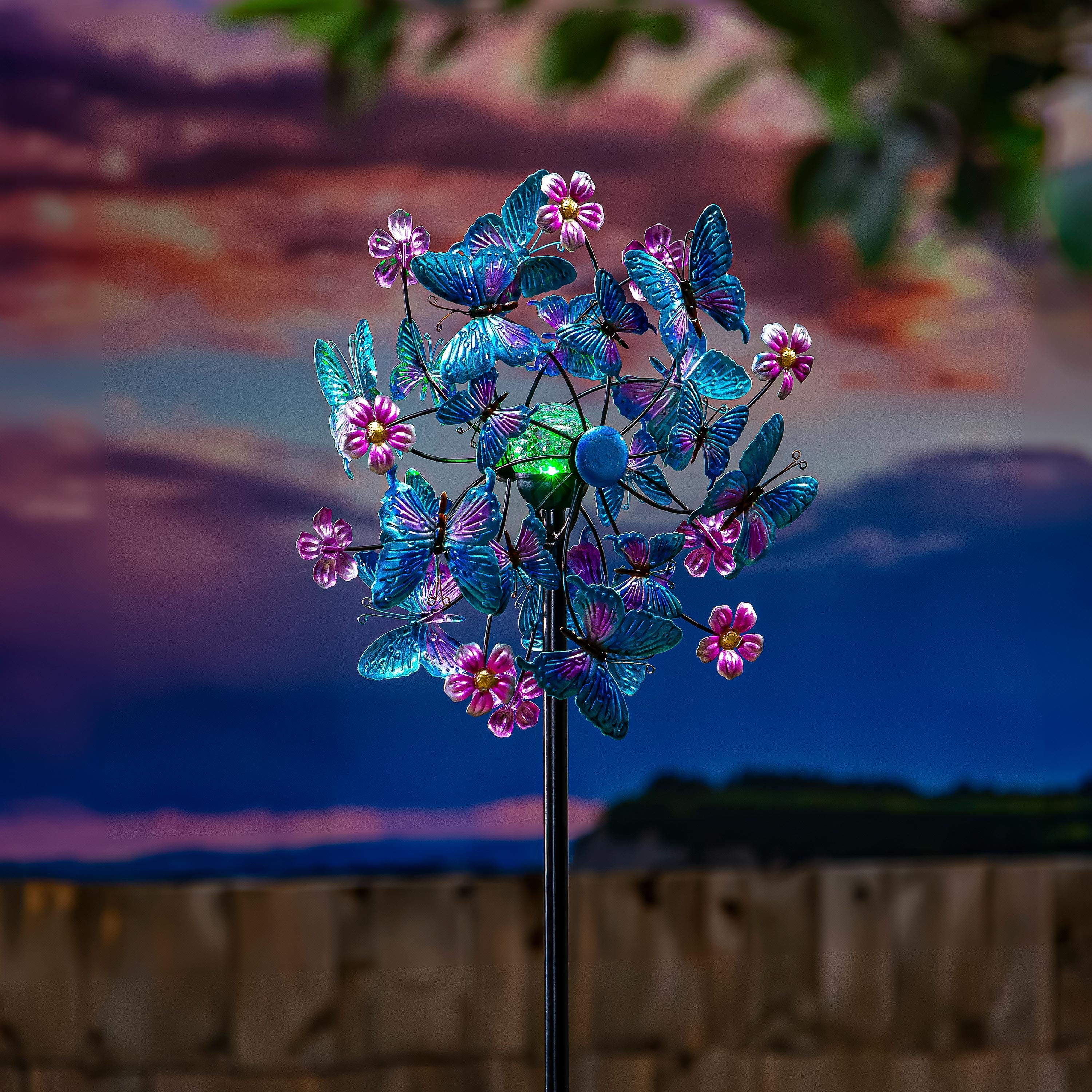 Solar Metal Wind Spinner, Blue Butterfly & Flowers, 74"H