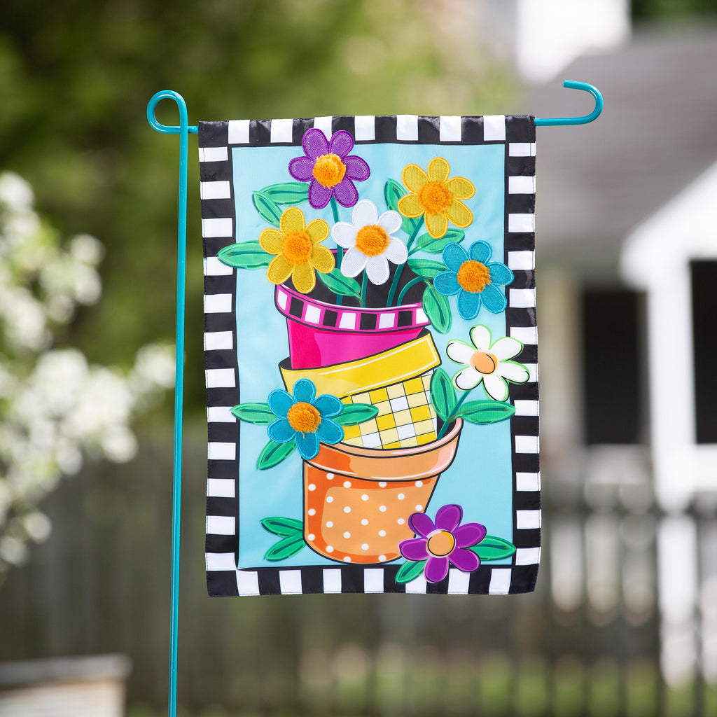 Stacked Spring Flower Pots Garden Applique Flag