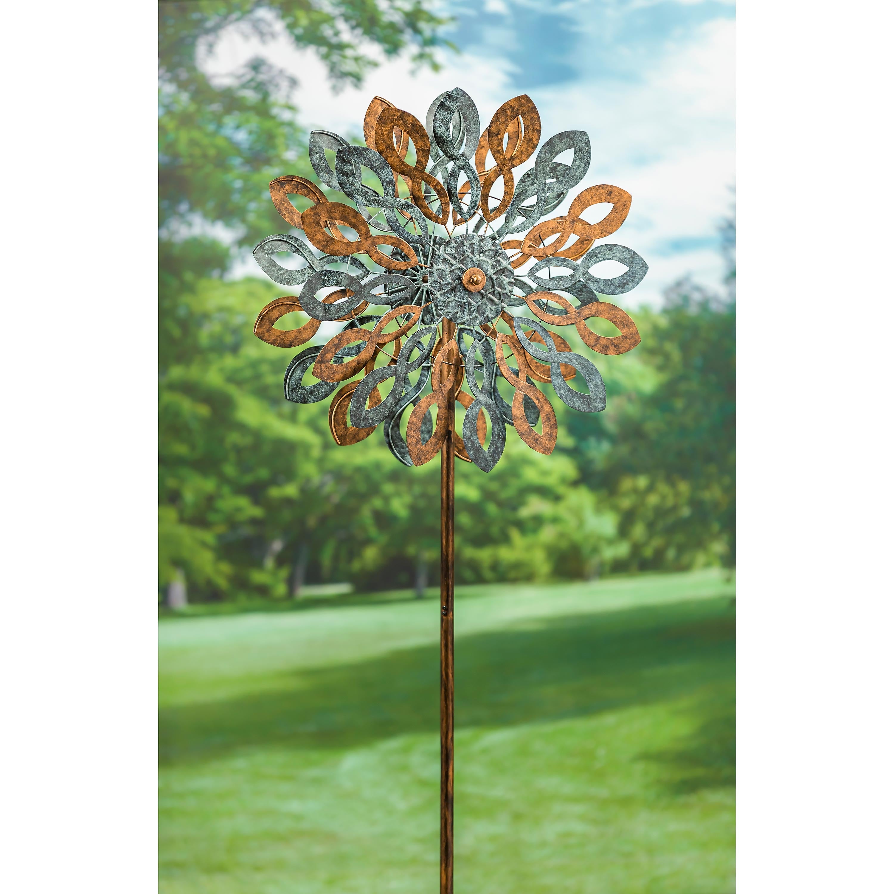 Wind Spinner, copper and verdigris petals