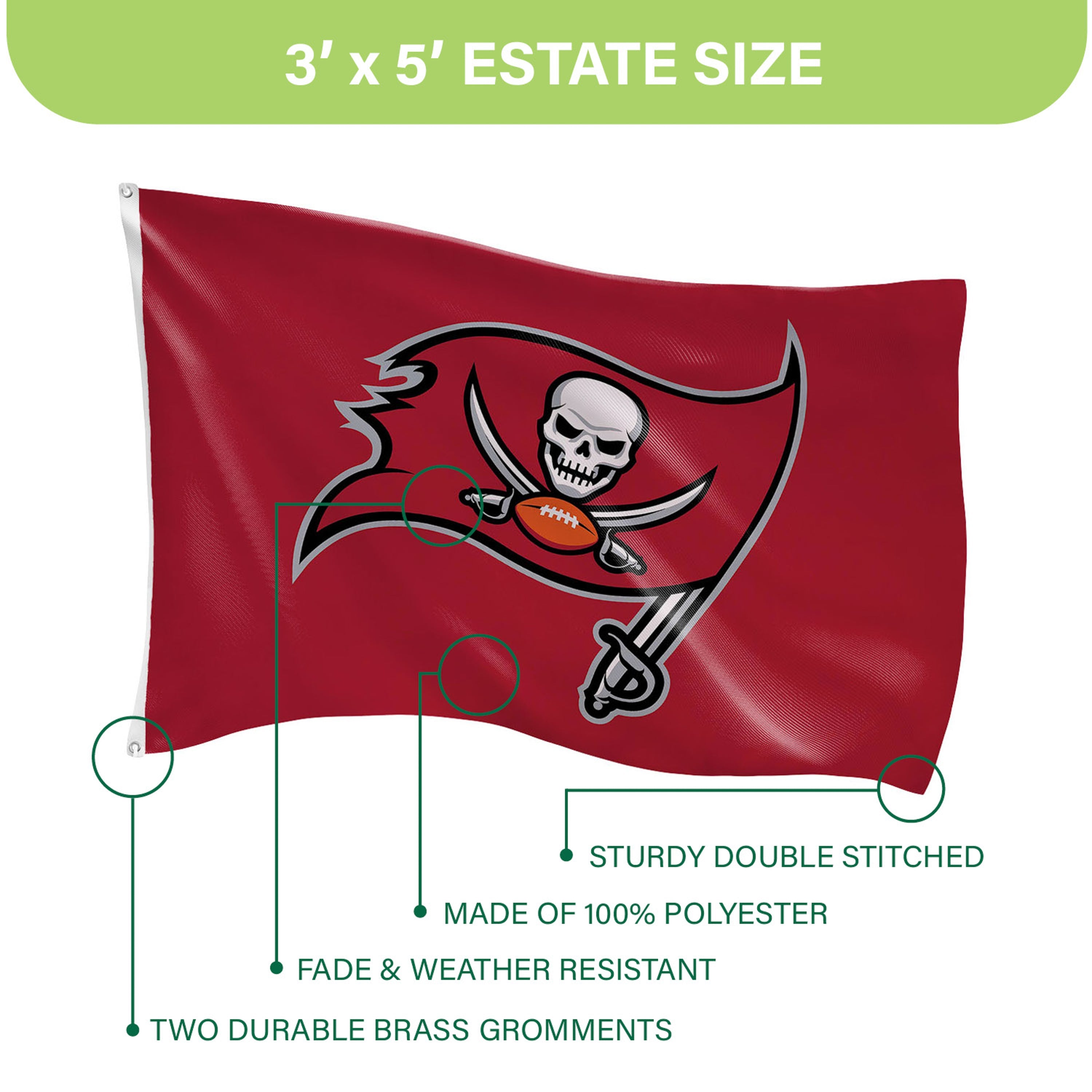 Tampa Bay Buccaneers Single Sided Flag w/ 2 Grommets, 3'x5'