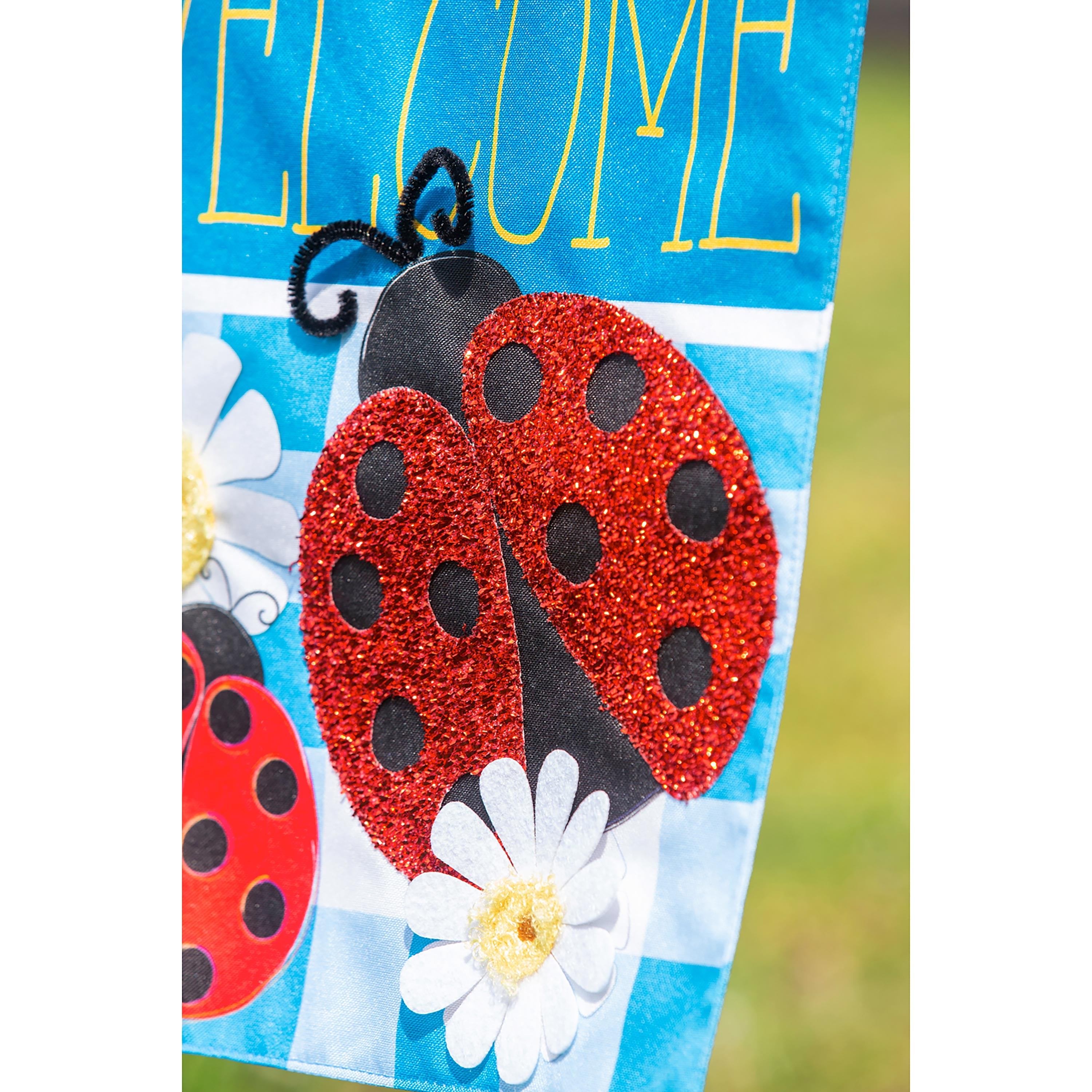Ladybug Plaid Welcome Garden Linen Flag