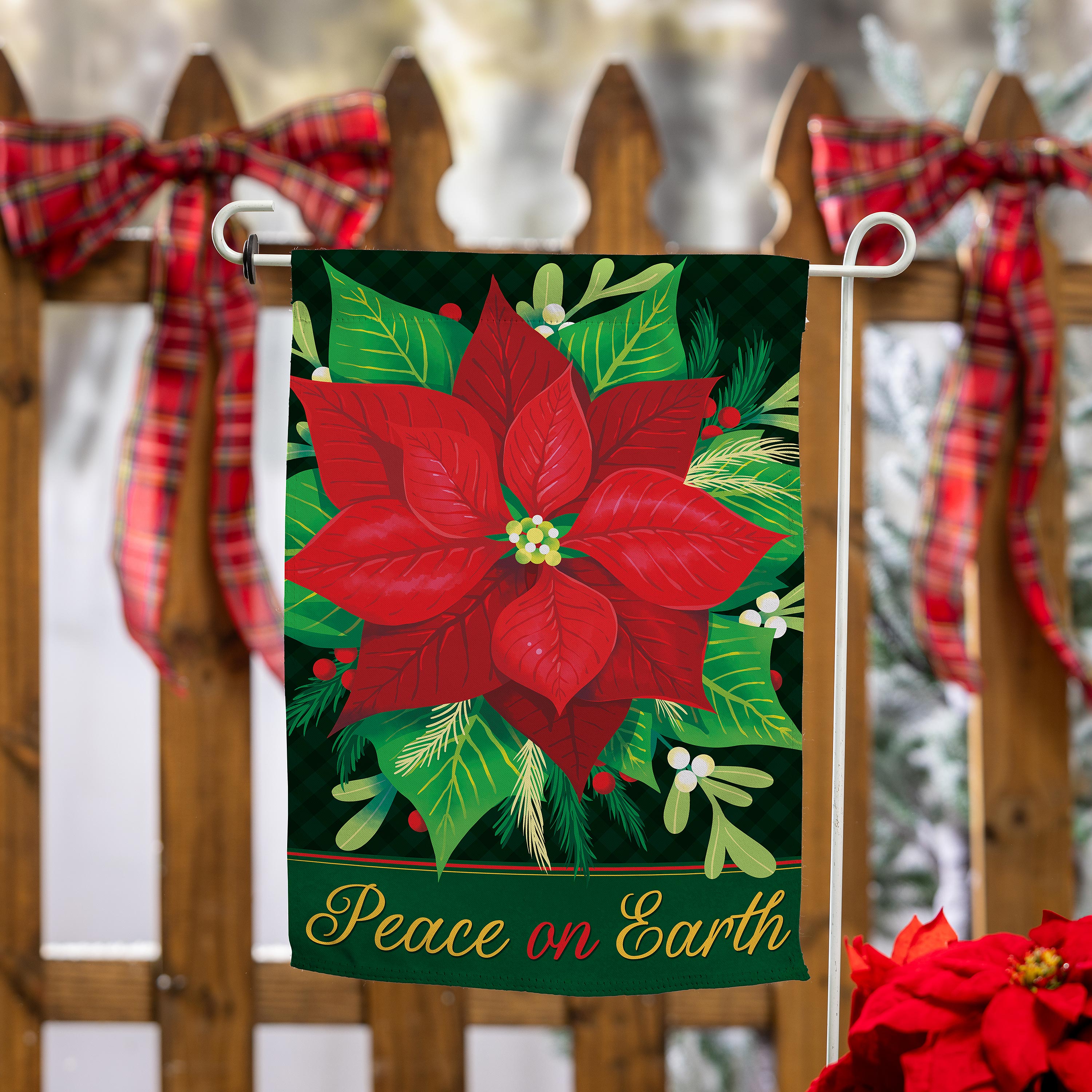 Peace on Earth Poinsettia Suede Garden Flag