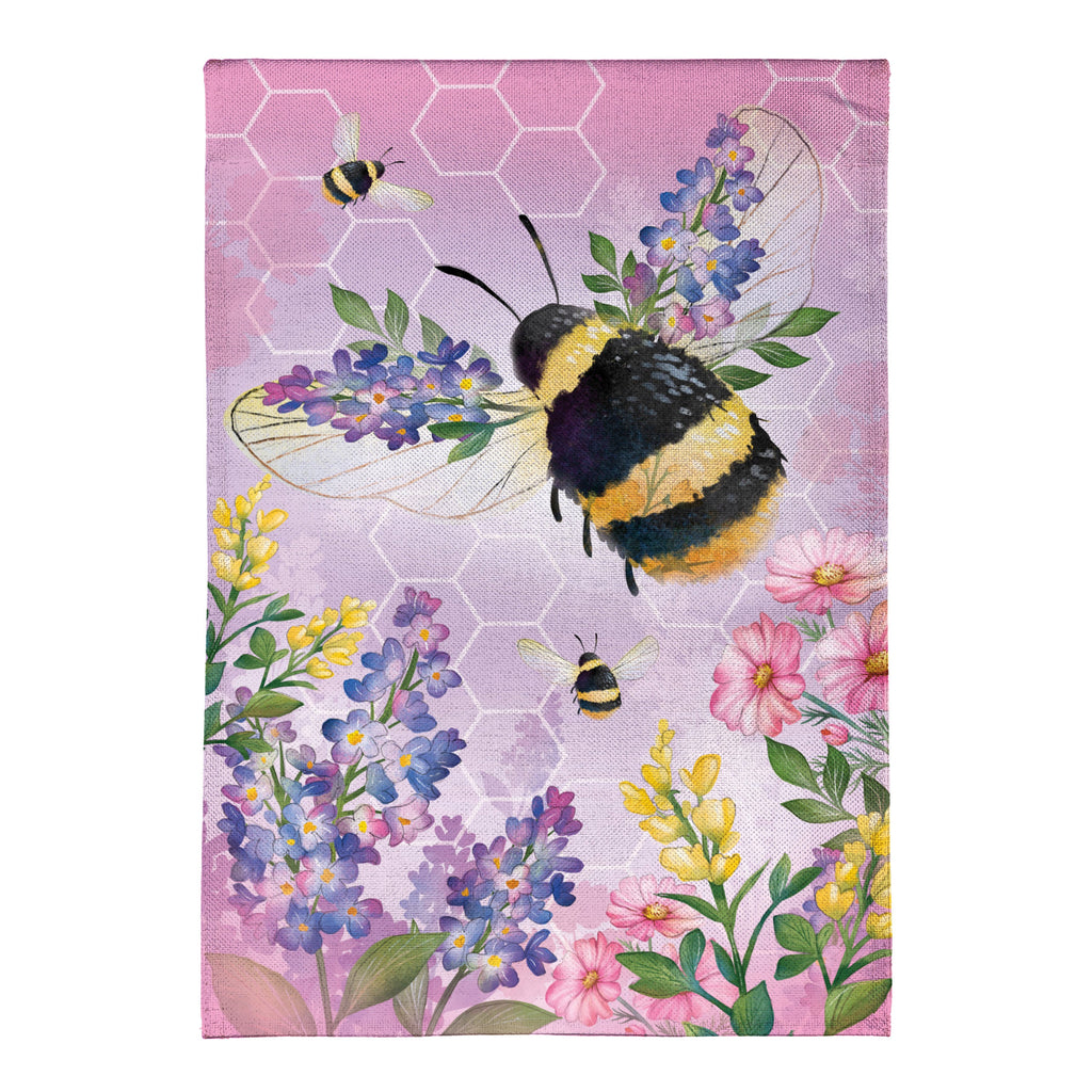 Cottage Garden Pink Florals Bee Burlap House Flag