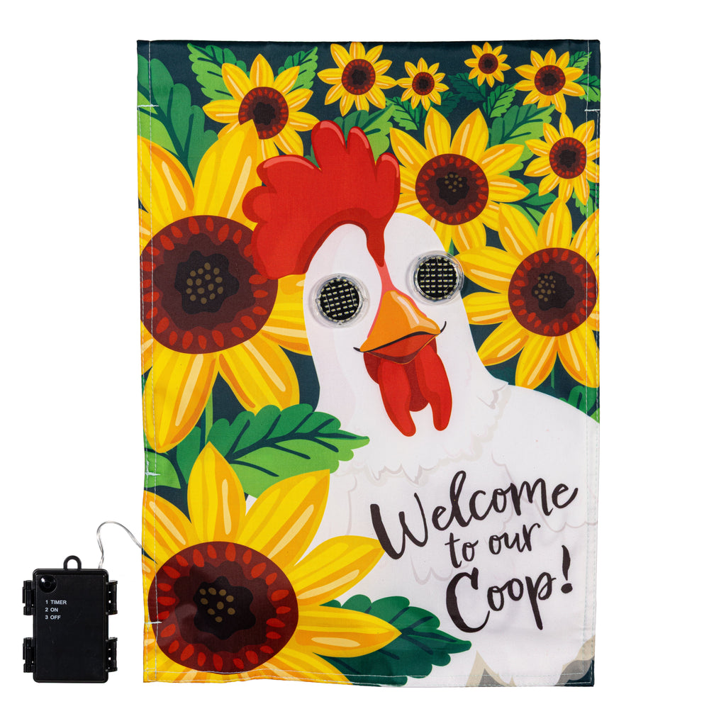 Animated Welcome To Our Coop Applique Lighted Garden Flag