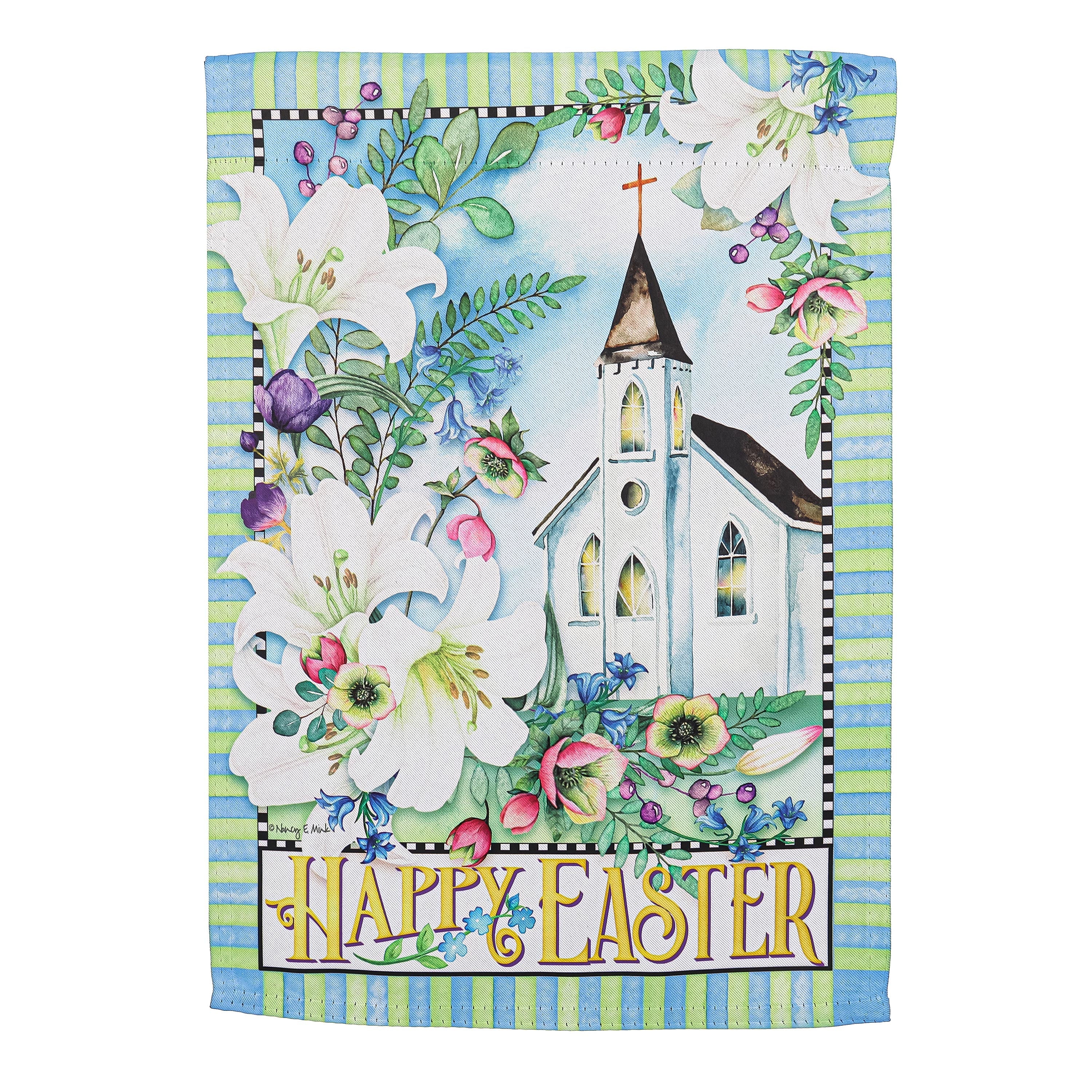 Easter Church with Flowers Suede House Flag