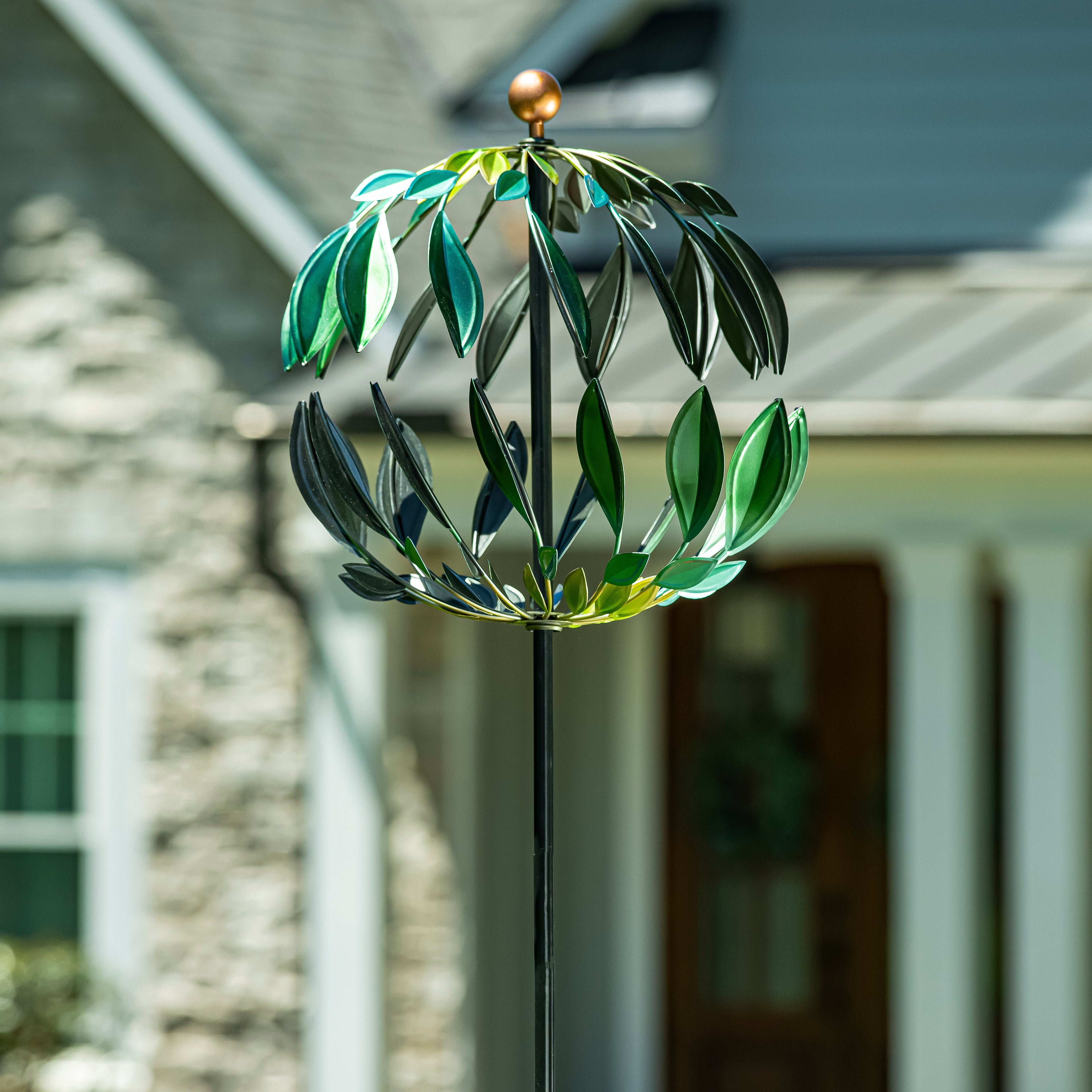 Metal Wind Spinner, Blue and Green Leaves, 74"H