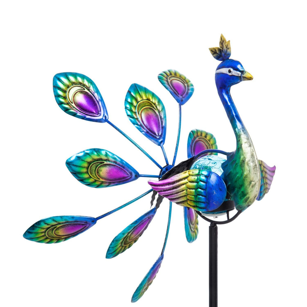Tropical Oasis Wind Spinner, Solar Staked Peacock Staked Wind Spinner, 37"H