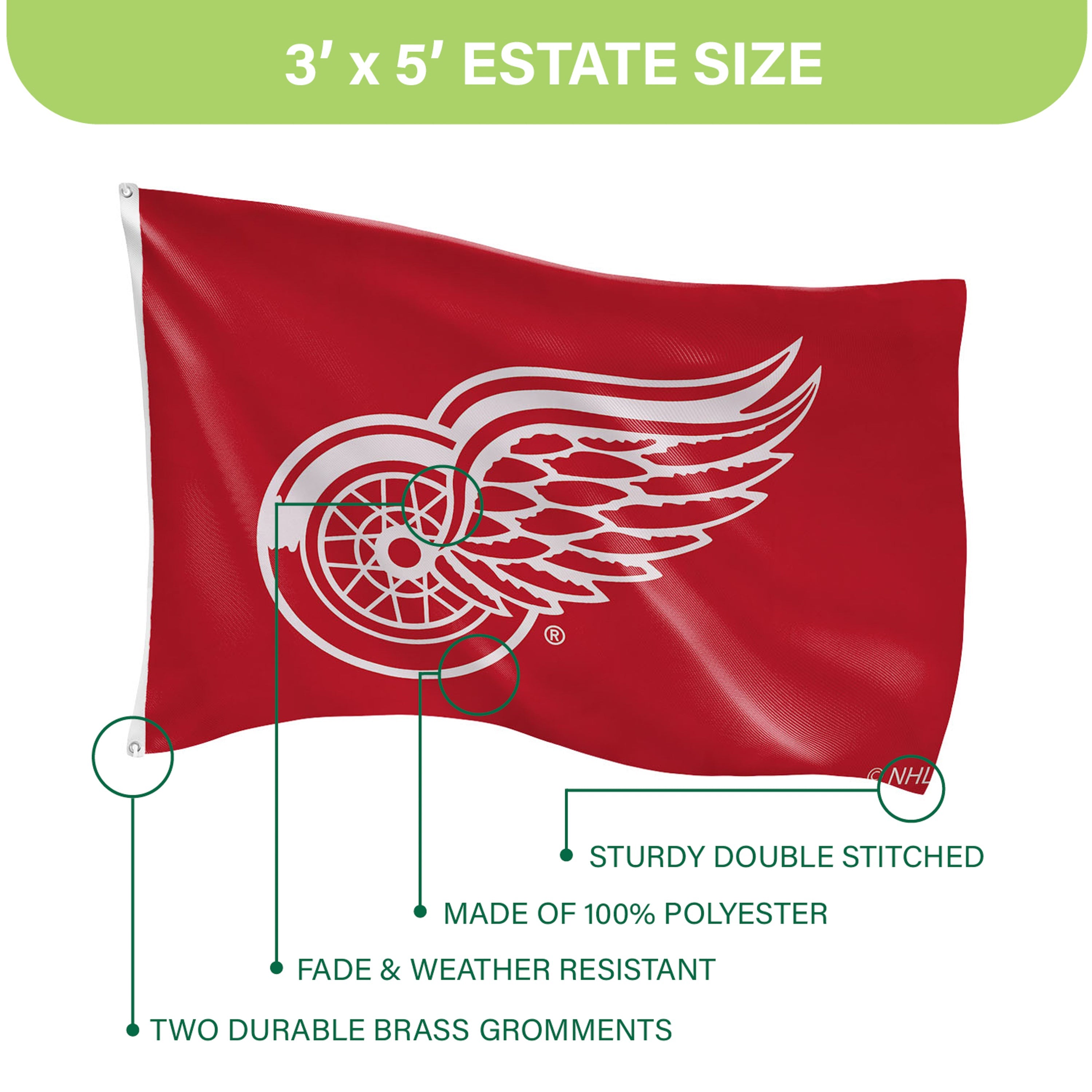 Detroit Red Wings Single Sided Estate Flag with 2 Grommets, 3'x5'