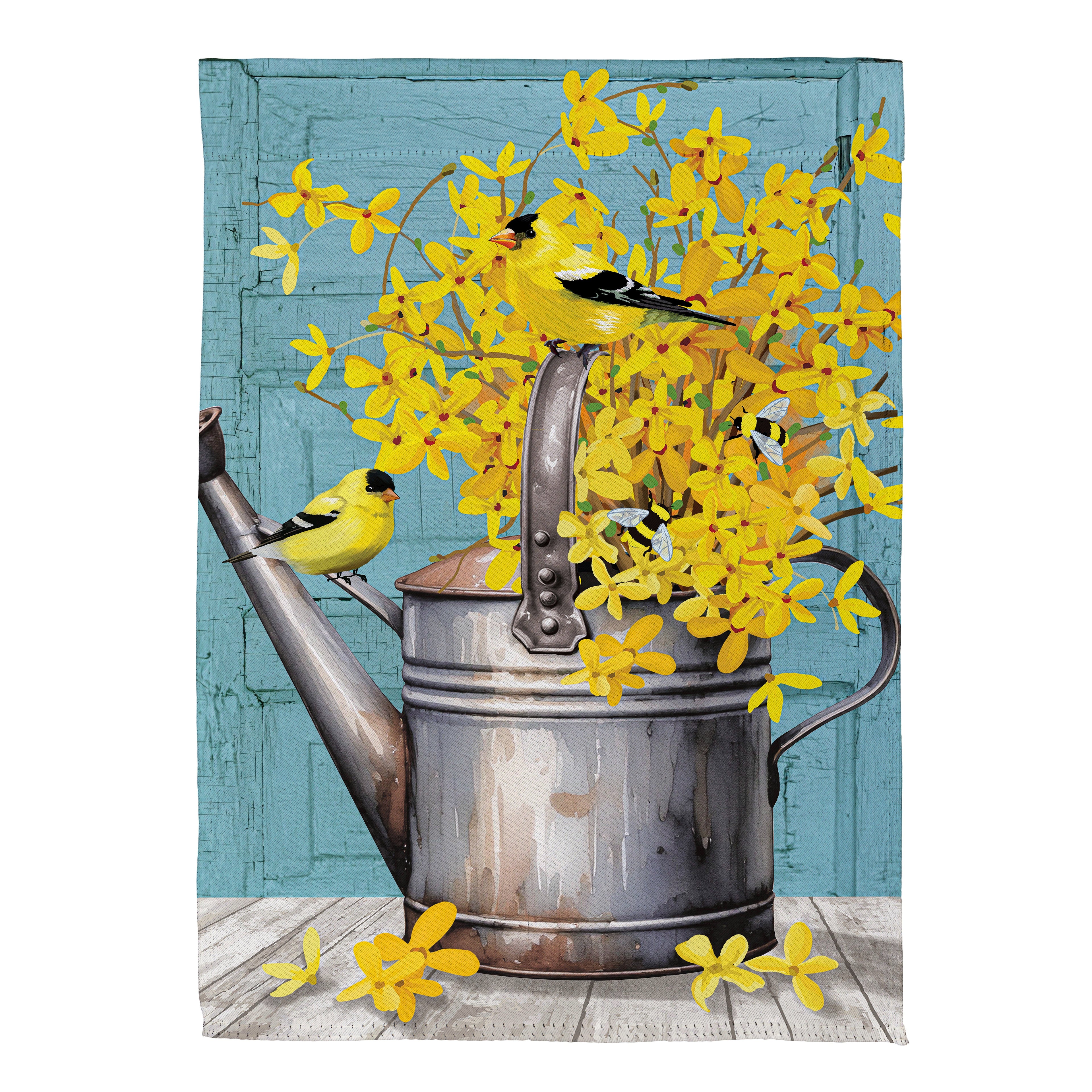 Forsythia Finch Watering Can Suede Garden Flag