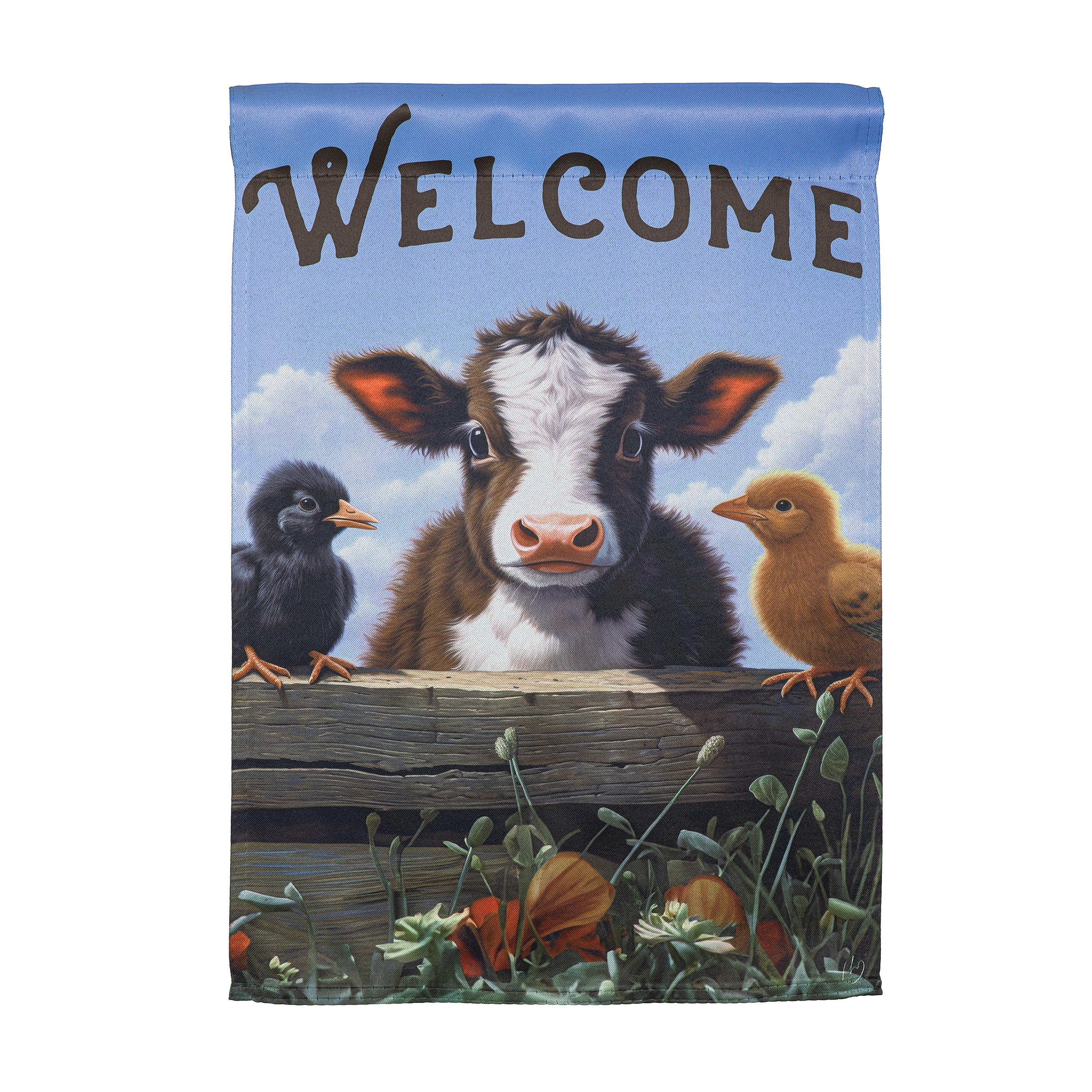 Hillside Pasture Cow and Chicks Suede Garden Flag