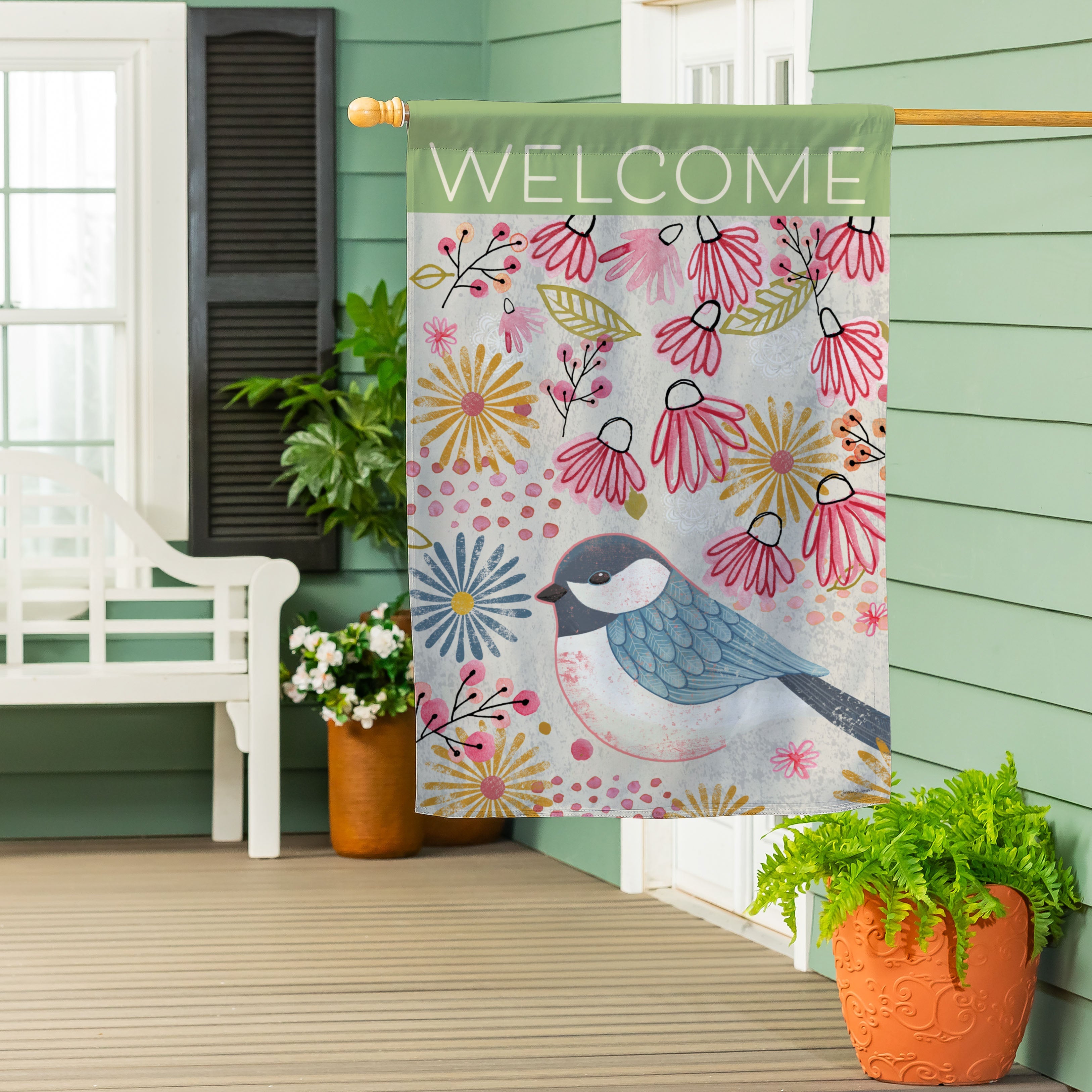 Pastel Doodles Chickadee Suede House Flag