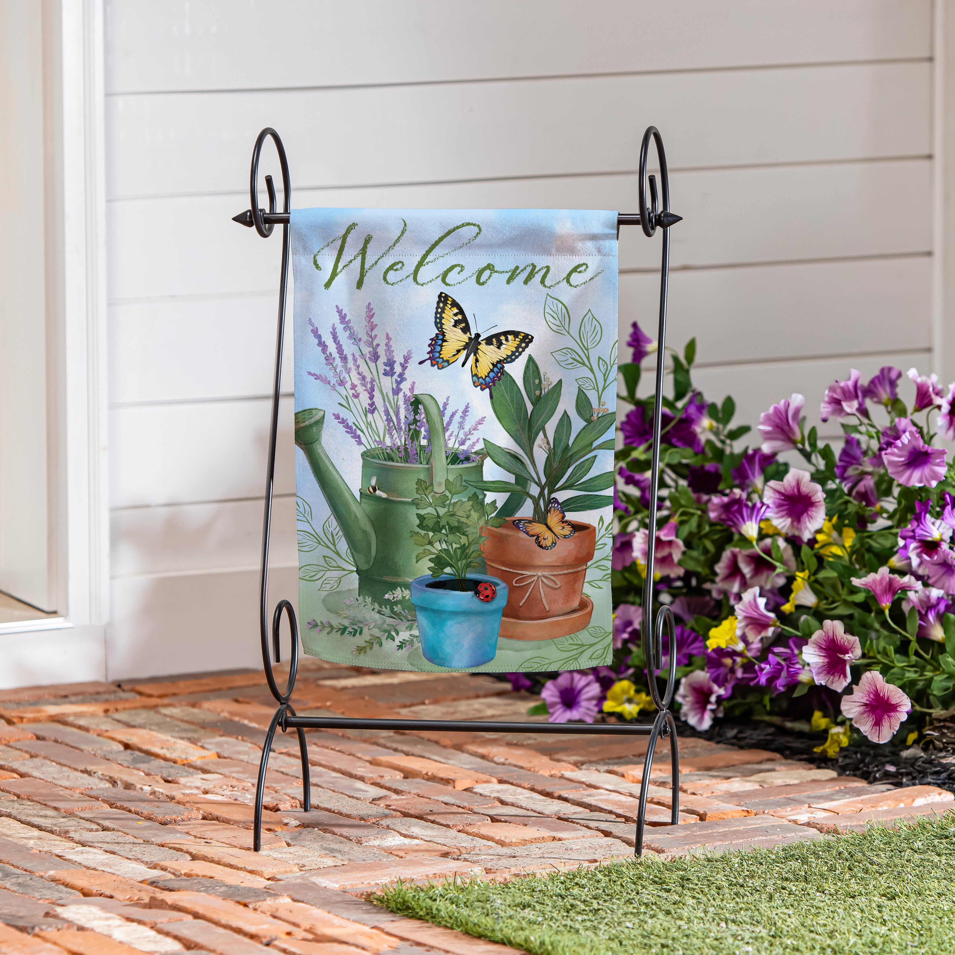 Cottage Garden Watering Can & Plants Suede Garden Flag