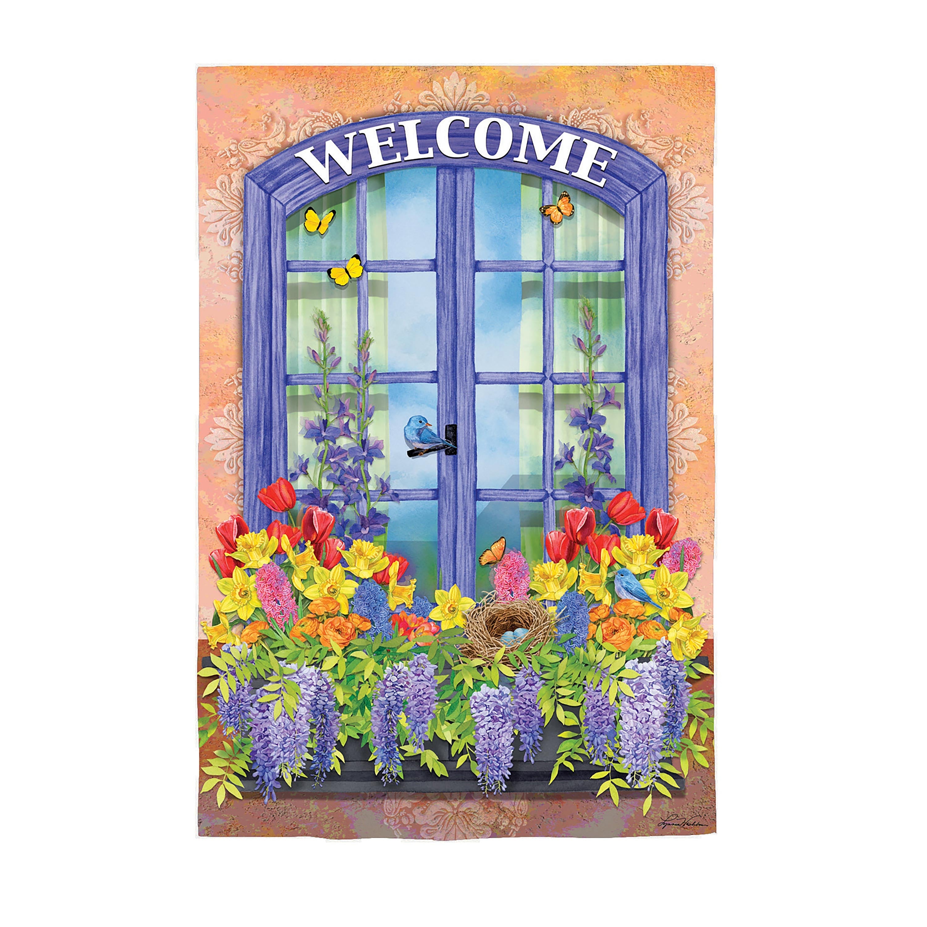 Welcome Floral Suede House Flag