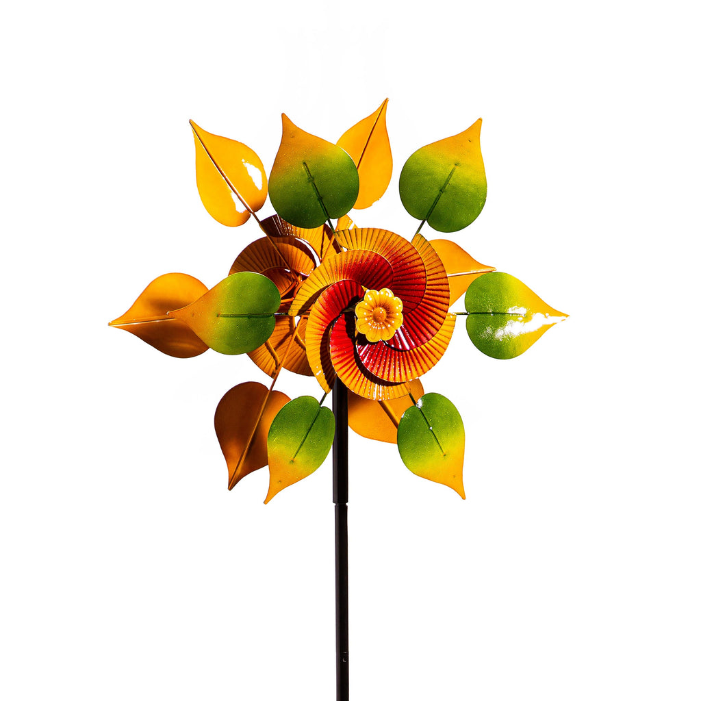 Metal Wind Spinner, Red & Yellow Flower With Leaves, 70"H
