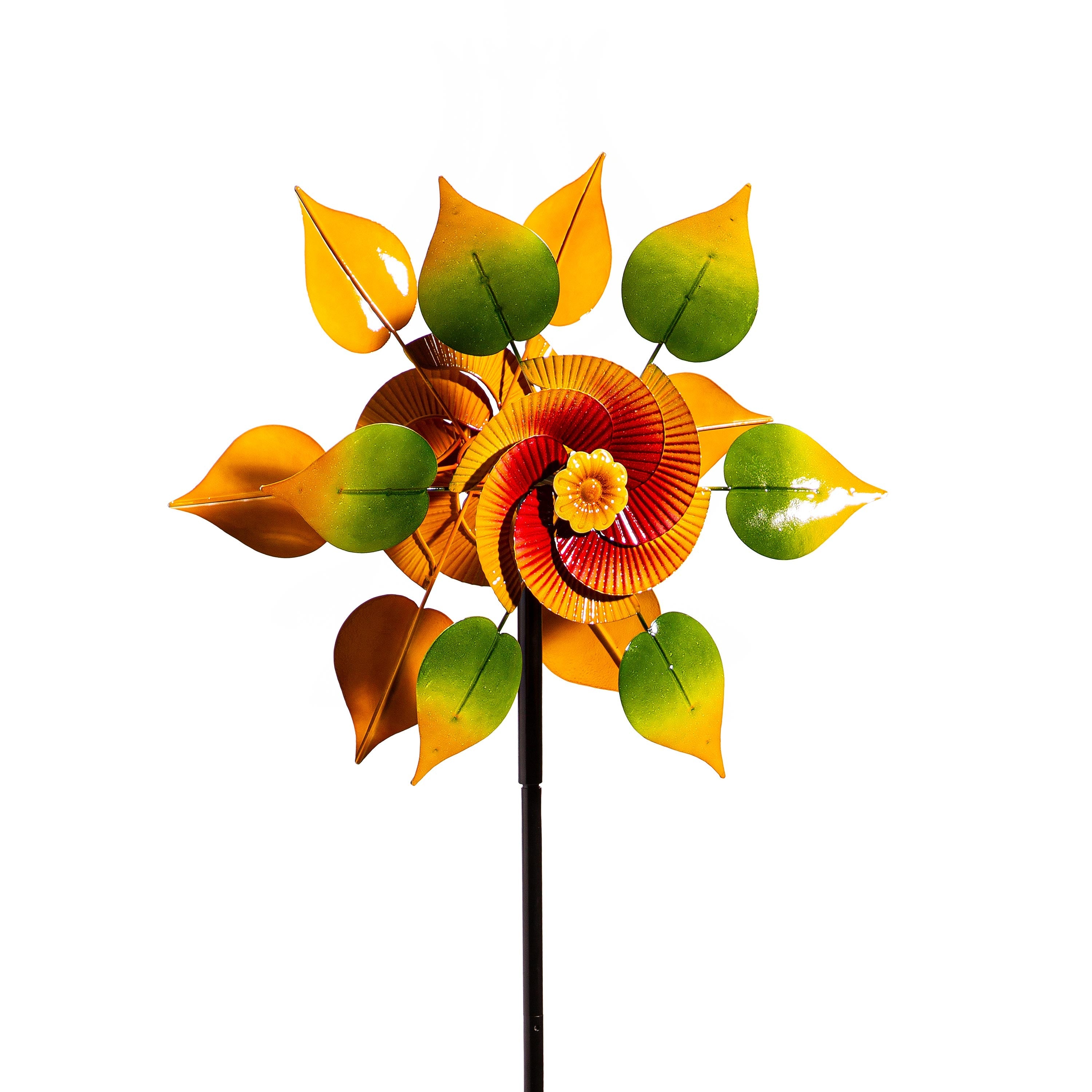 Metal Wind Spinner, Red & Yellow Flower With Leaves, 70"H