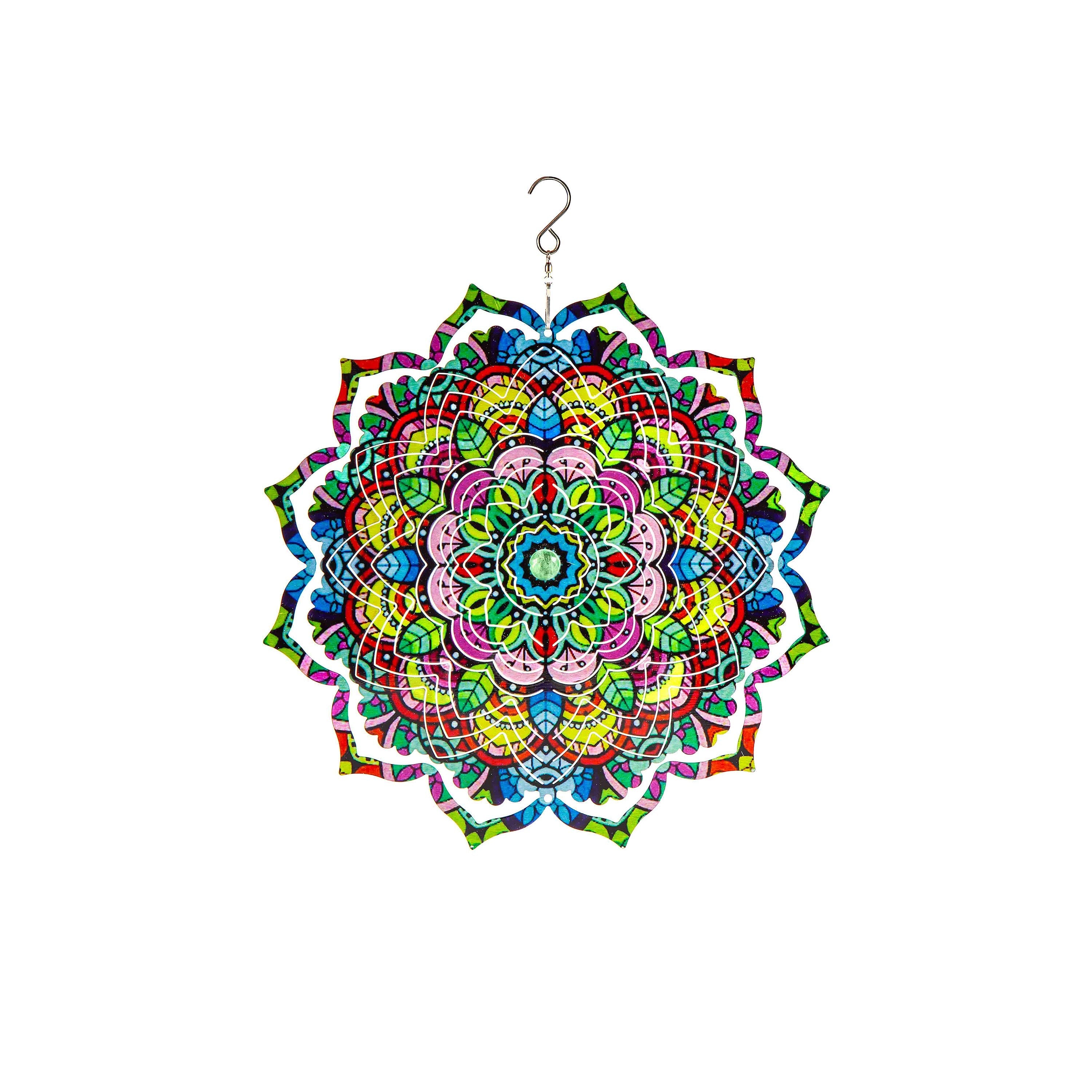 12" 3D Optical Illusion Hanging Metal Spinner, Mandala Flower