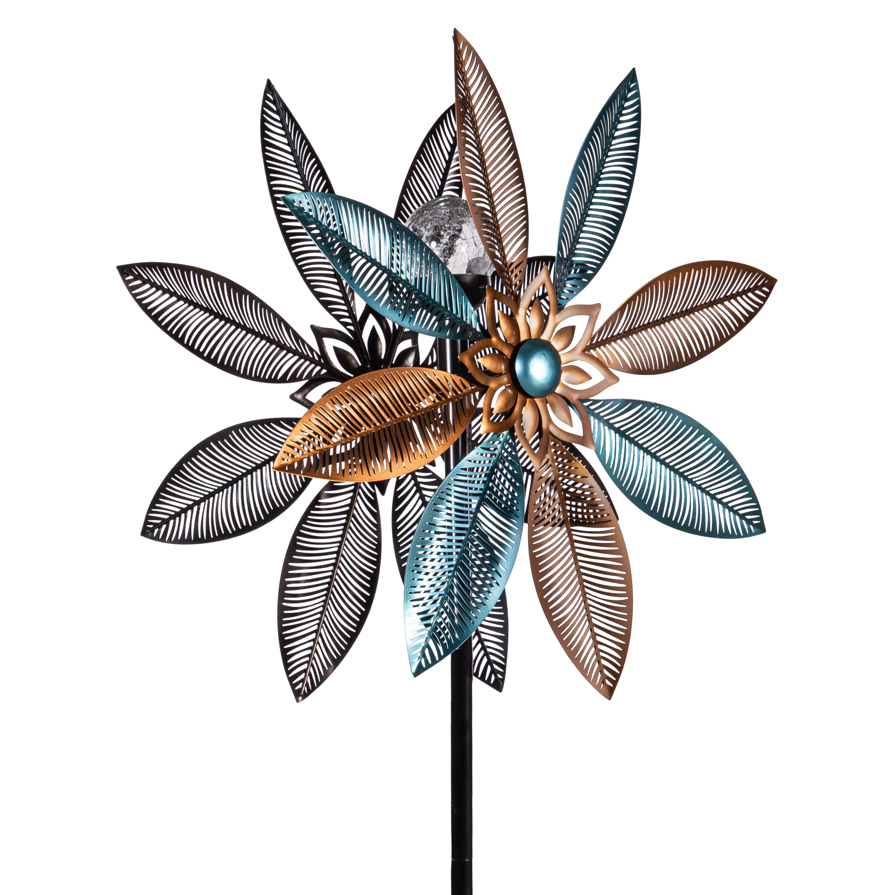 Metal Solar Wind Spinner, Copper and Turquoise Pedal Flower, 75"H