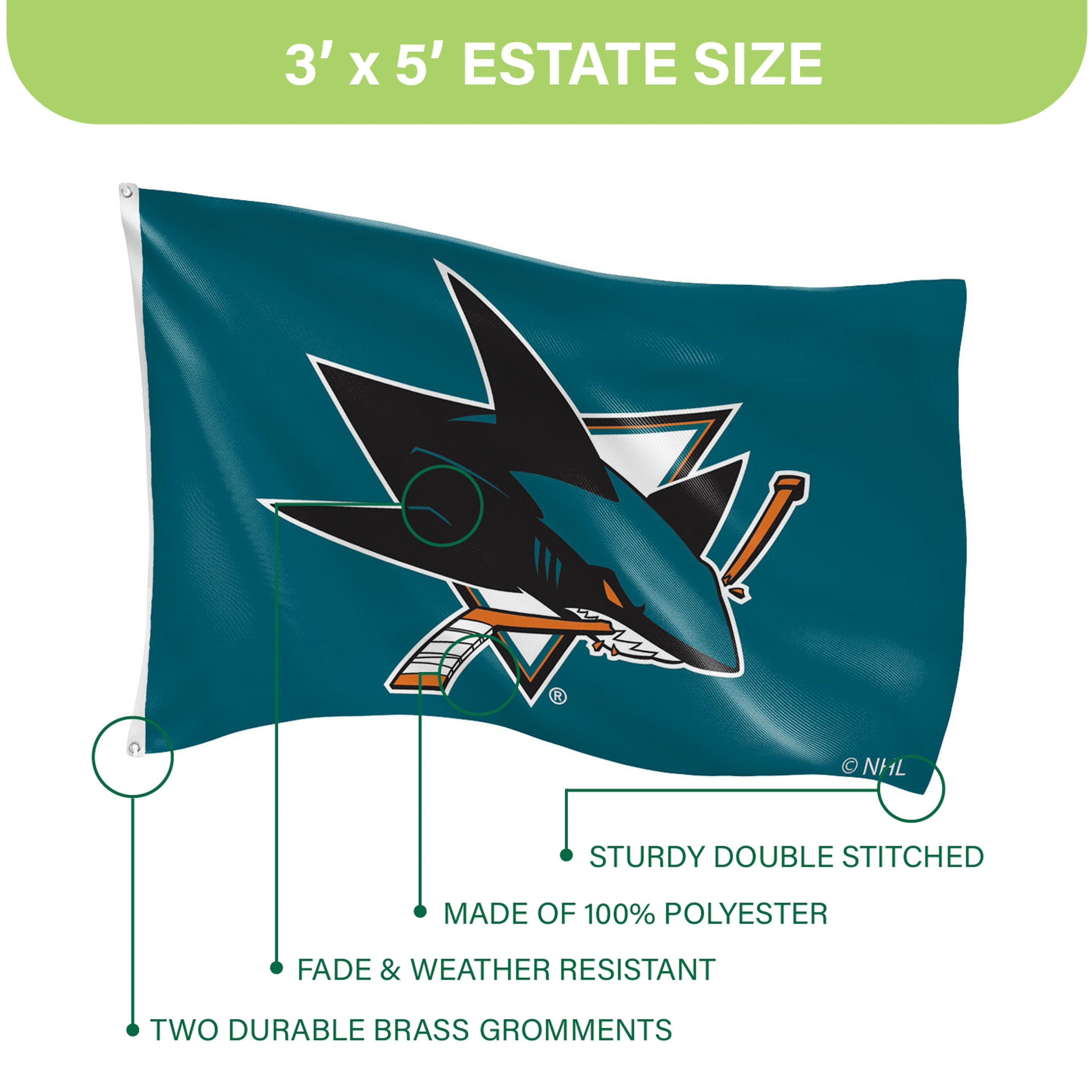 San Jose Sharks Single Sided Flag w/ 2 Grommets, 3'x5'