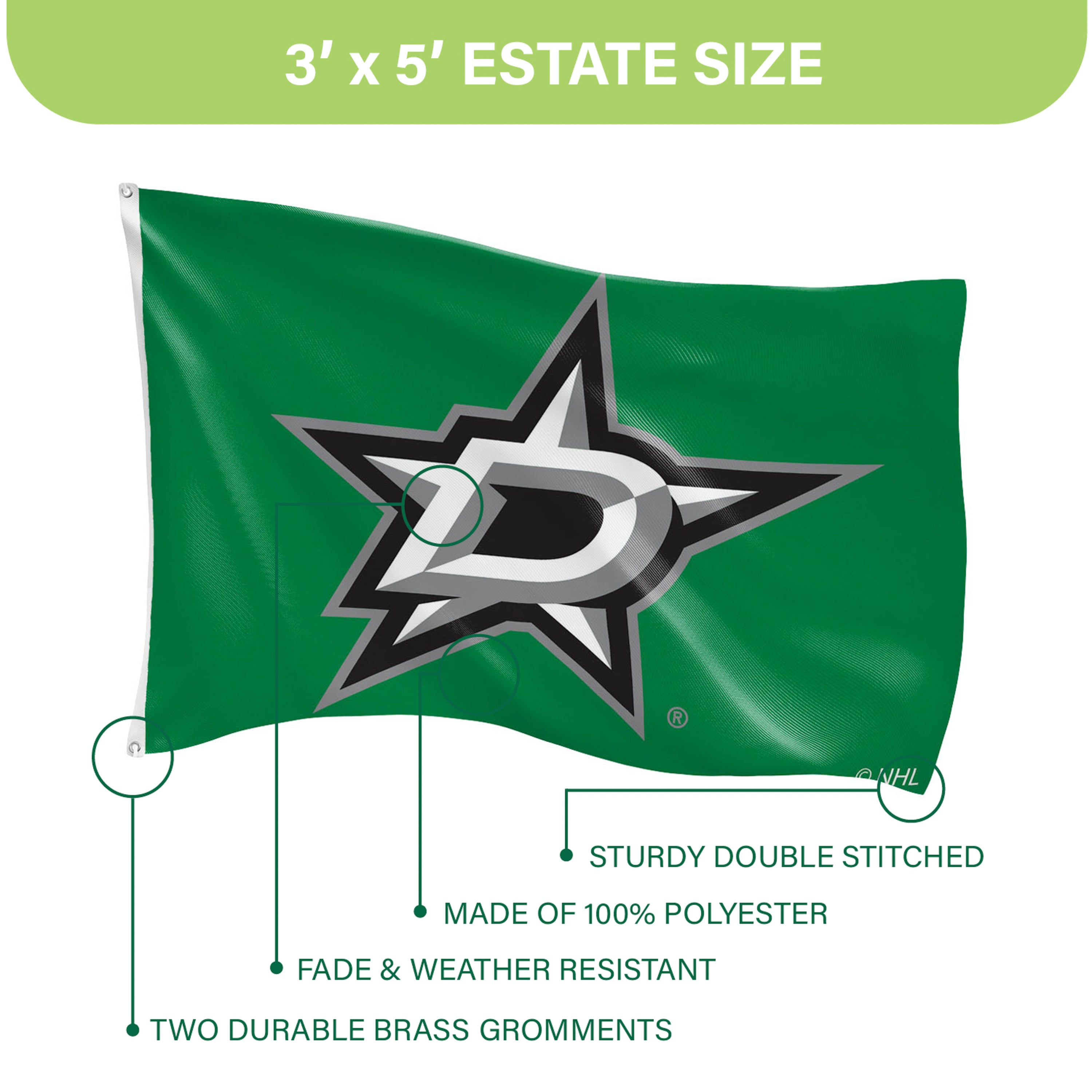 Dallas Stars Single Sided Flag w/ 2 Grommets, 3'x5'