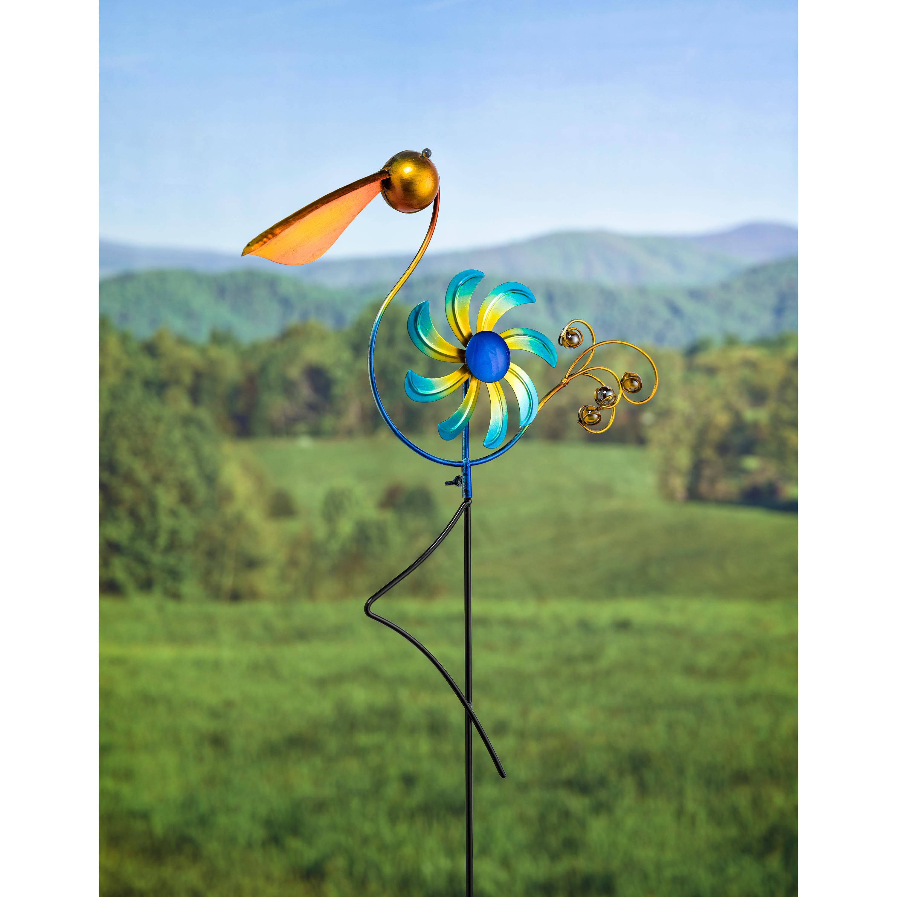 Cheerful Summer Days Windspinner Garden Stake, Yellow/blue Bird, Short