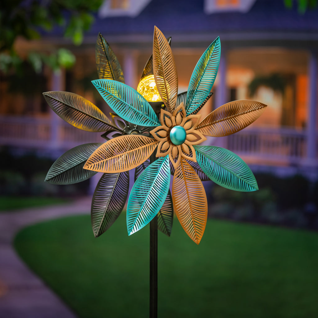 Metal Solar Wind Spinner, Copper and Turquoise Pedal Flower, 75"H