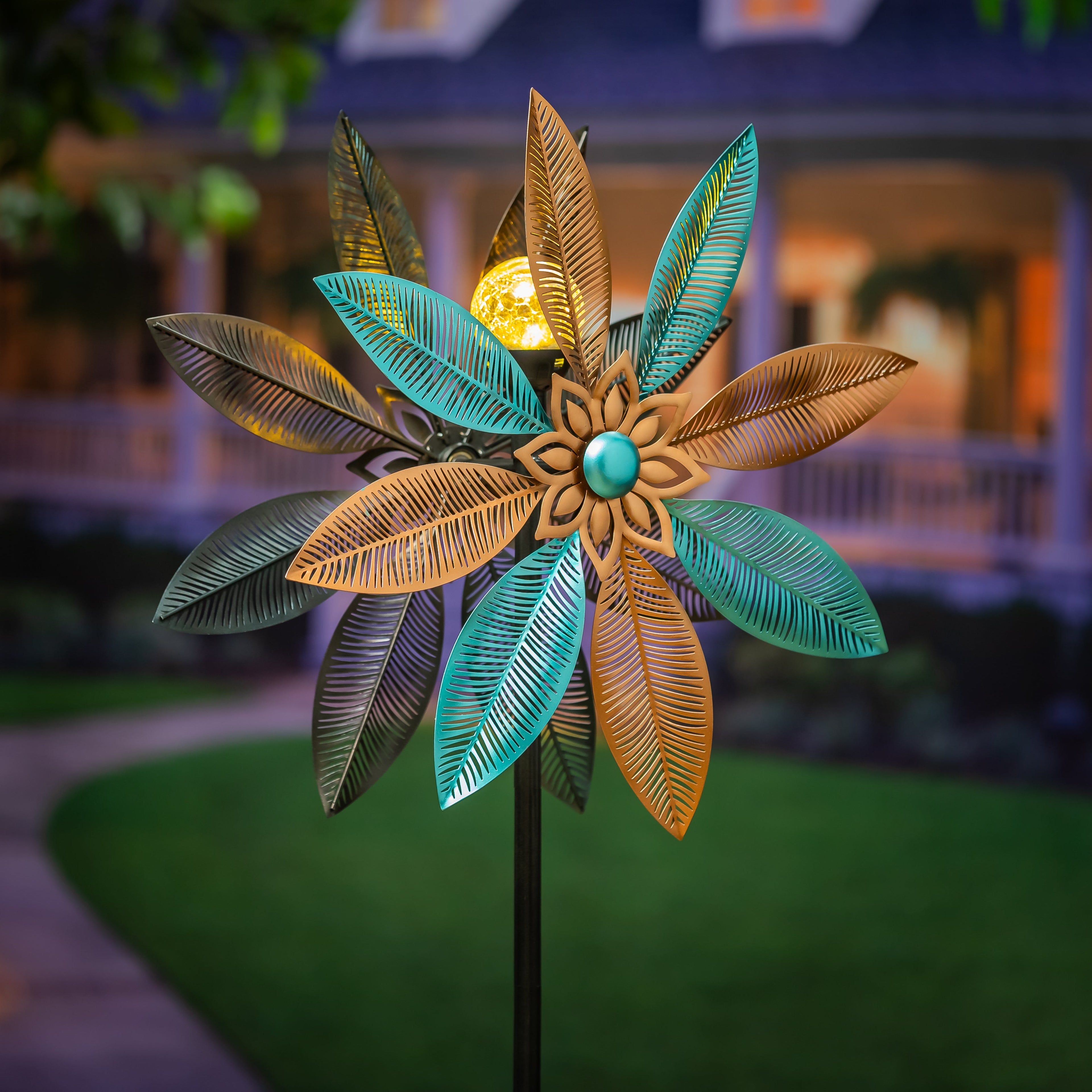 Metal Solar Wind Spinner, Copper and Turquoise Pedal Flower, 75"H