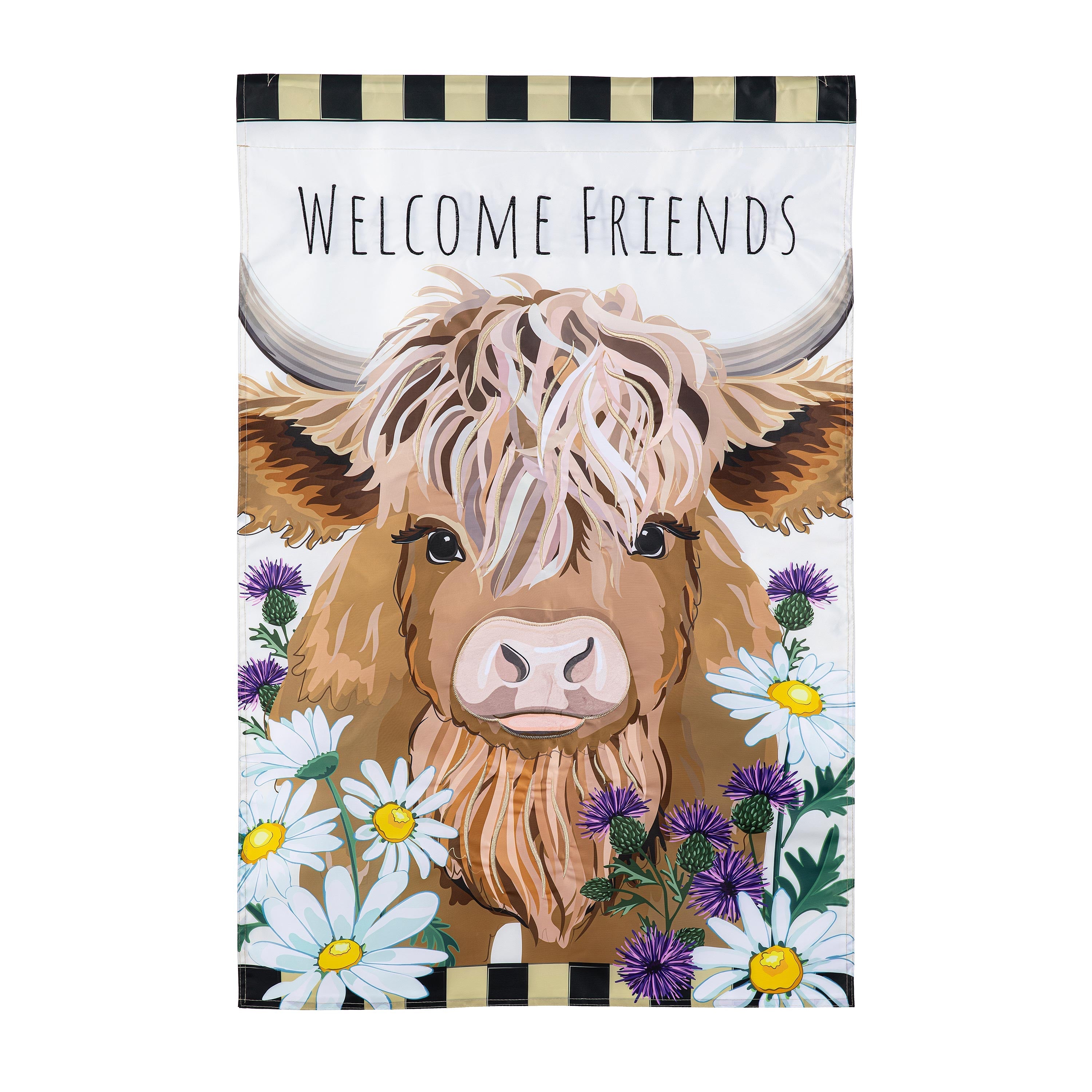 Hillside Pasture Highland Cow Welcome Friends Applique House Flag