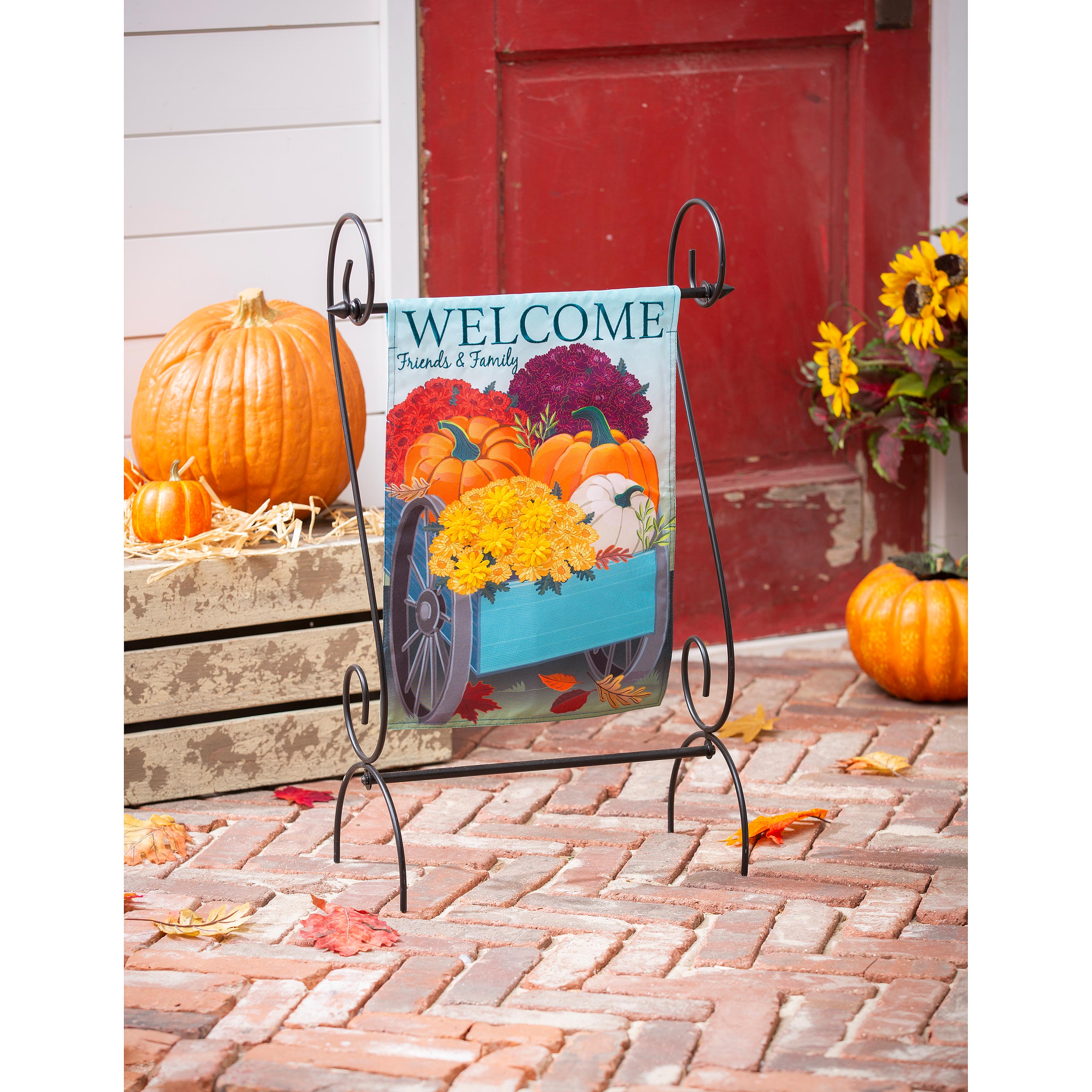 Flowers and Pumpkin Wagon Garden Linen Flag