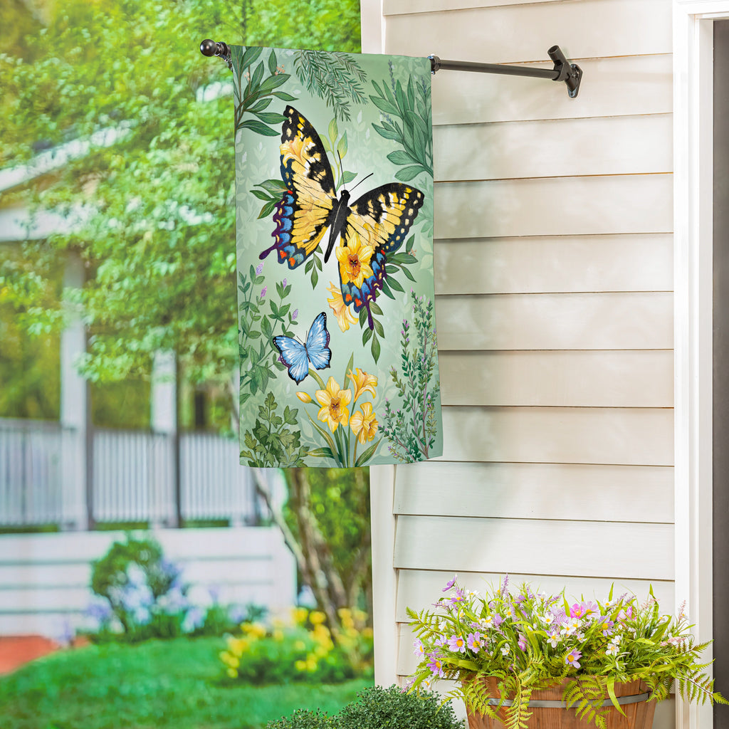 Cottage Garden Green & Yellow Florals Monarch Butterfly Suede House Flag