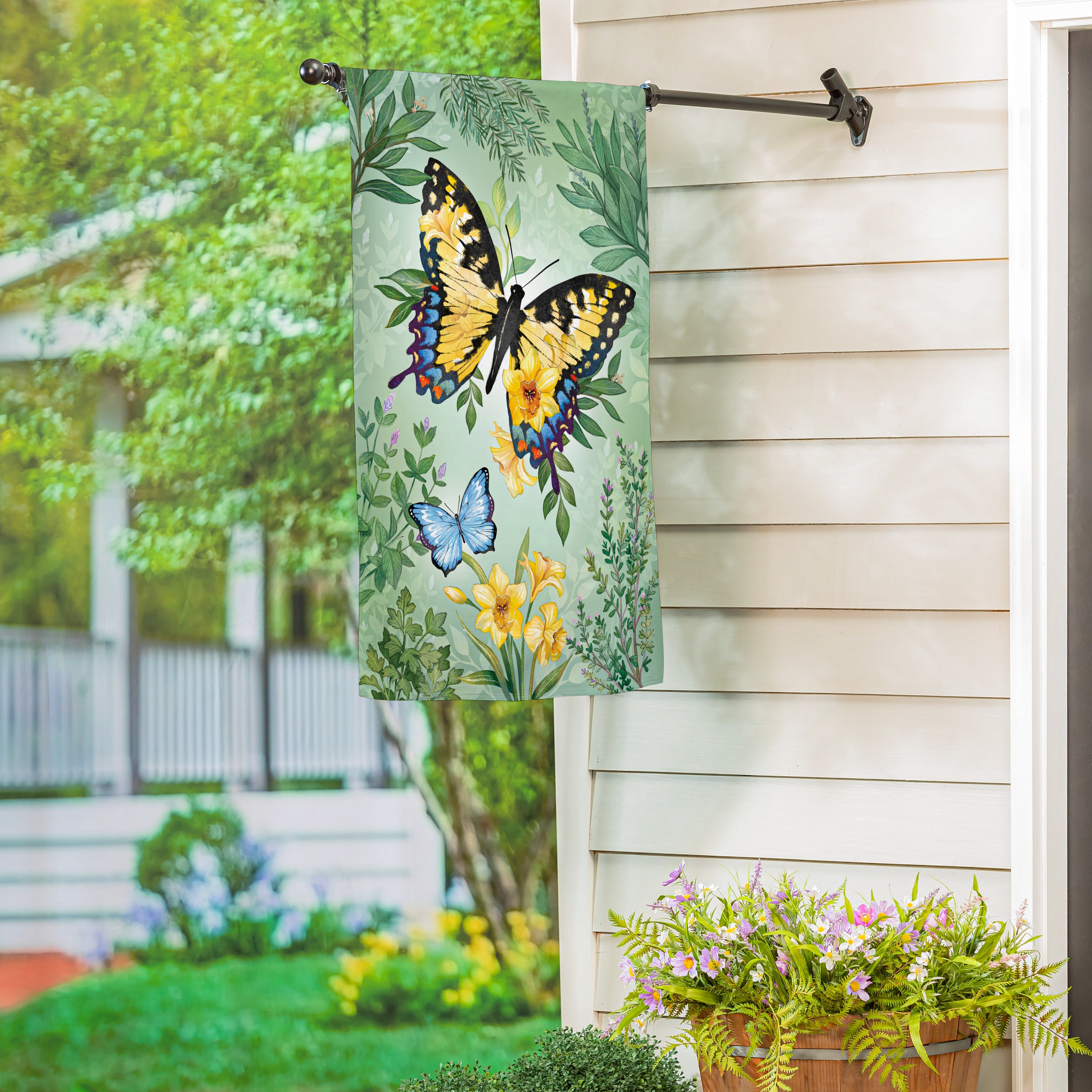 Cottage Garden Green & Yellow Florals Monarch Butterfly Suede House Flag