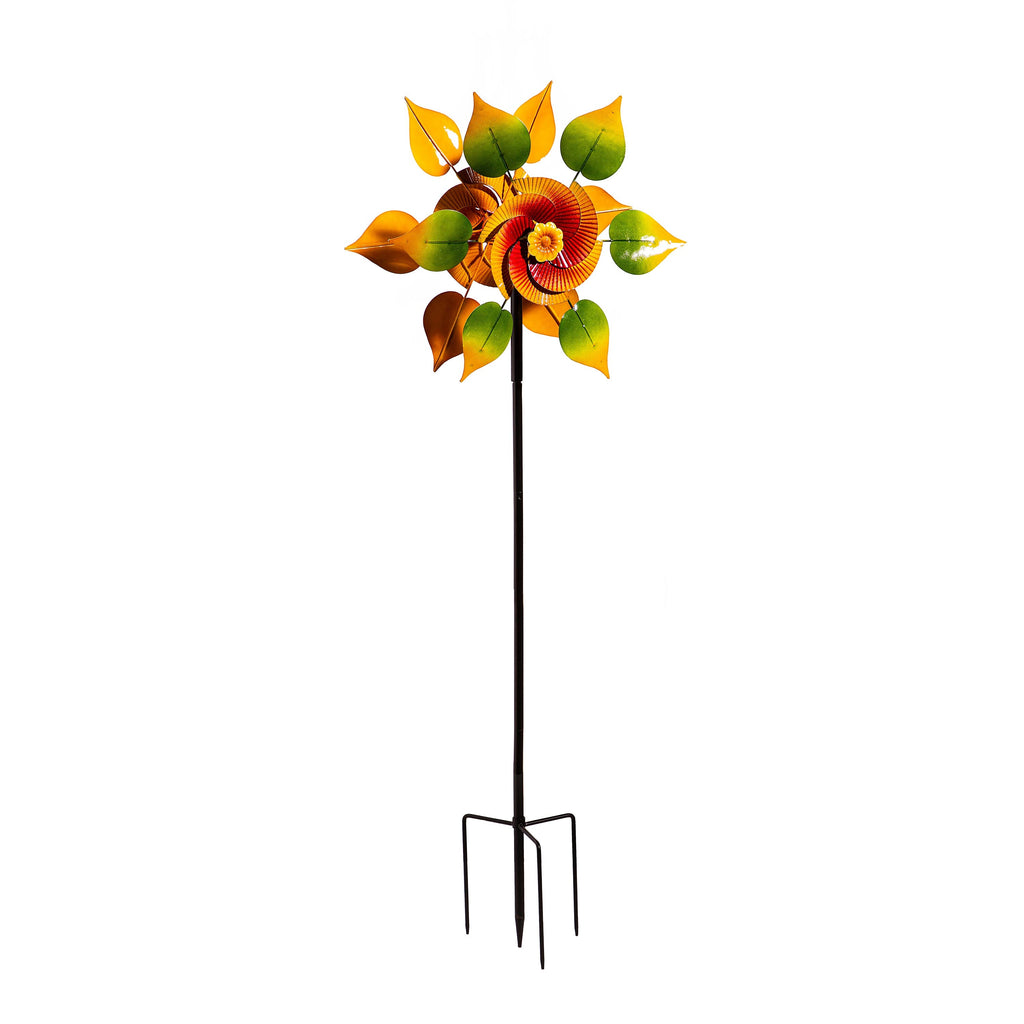 Metal Wind Spinner, Red & Yellow Flower With Leaves, 70"H