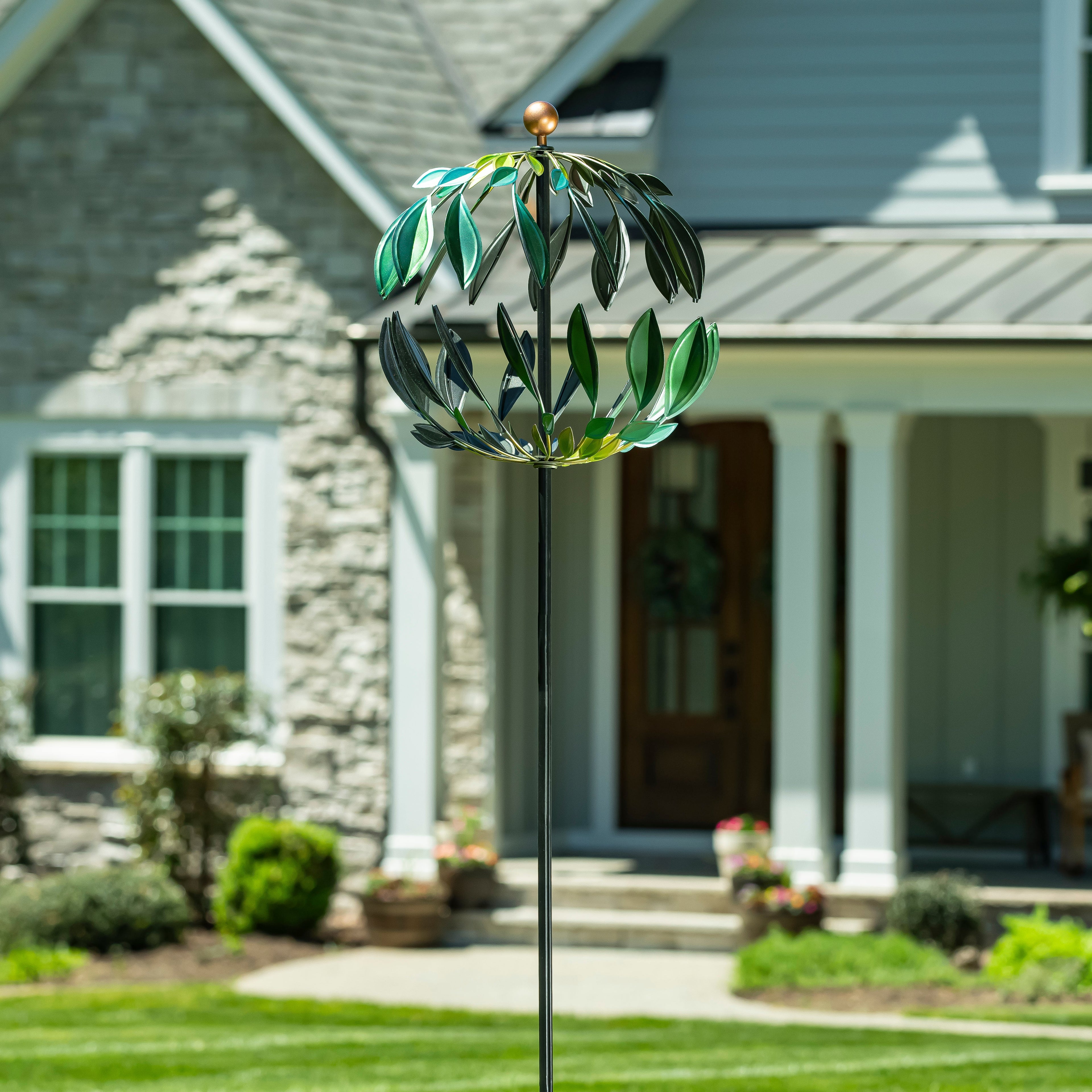 Metal Wind Spinner, Blue and Green Leaves, 74"H