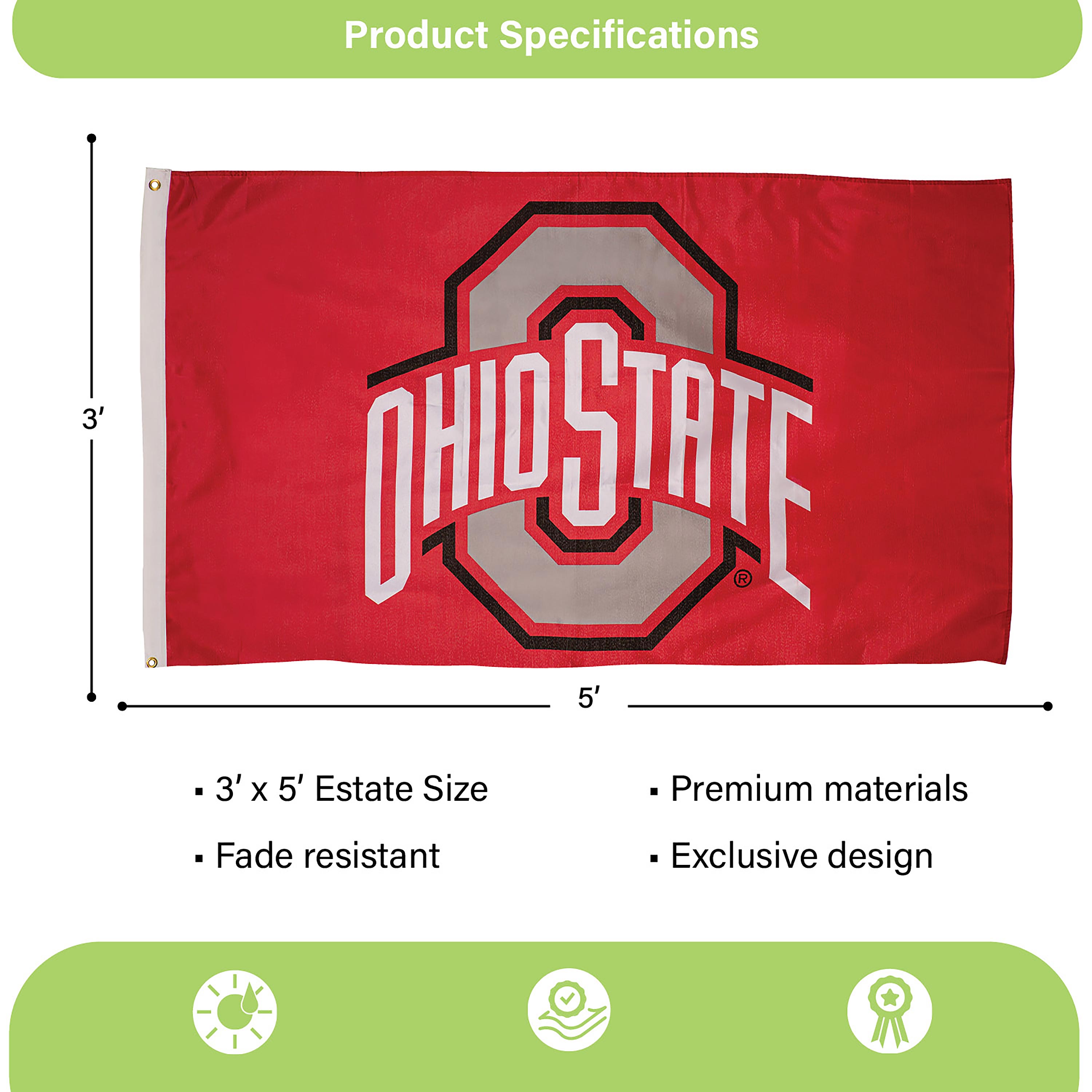Ohio State University Single Sided Flag with 2 Grommets, 3'x5'